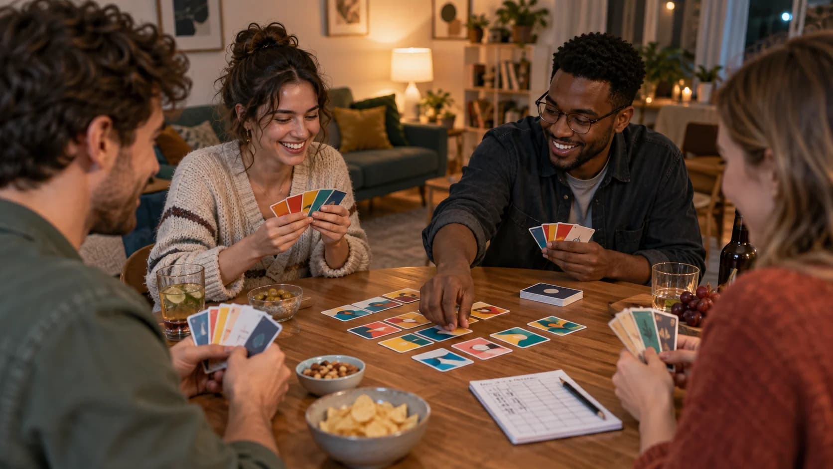 Realistic group of friends playing colorful modern card games around a table in warm apartment lighting