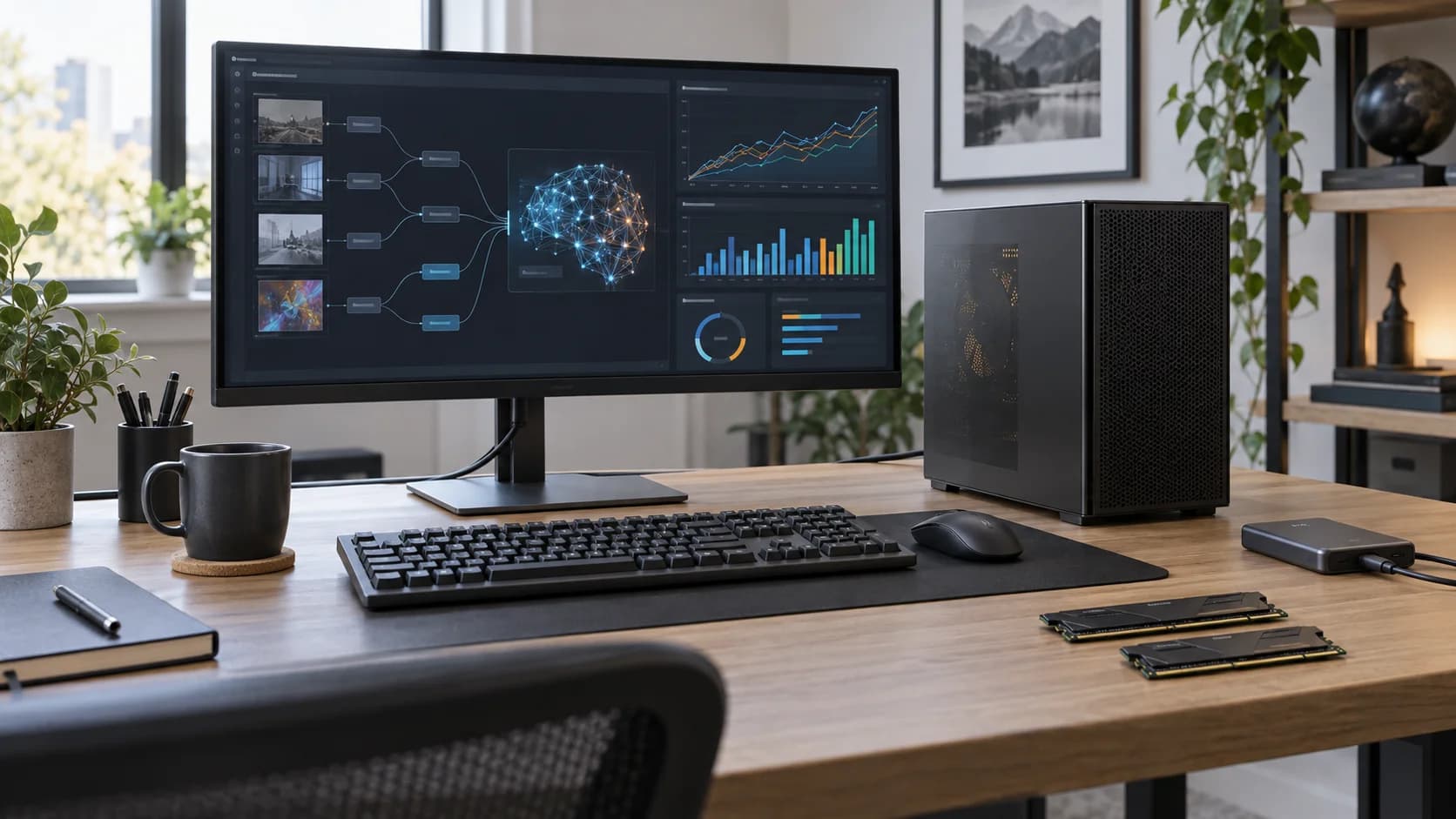 Realistic home office desktop PC setup with monitor, compact tower, external SSD, memory modules, and abstract AI workflow charts