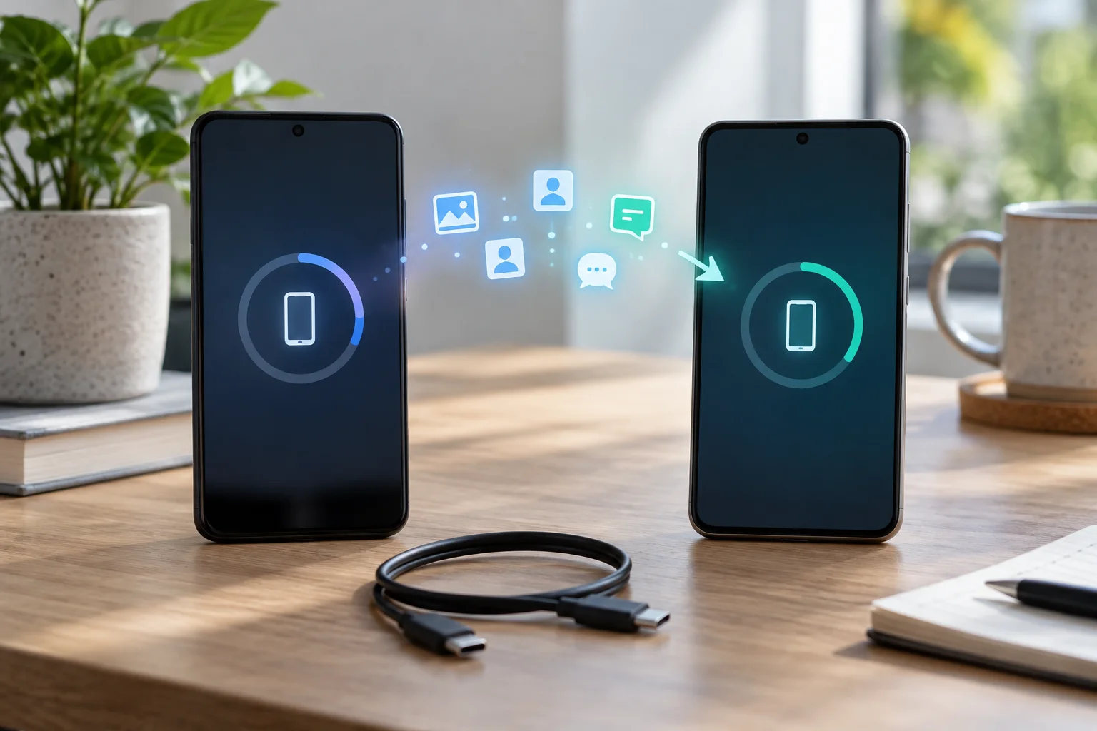 Two generic smartphones transferring abstract photo, contact and message icons beside a USB-C cable.