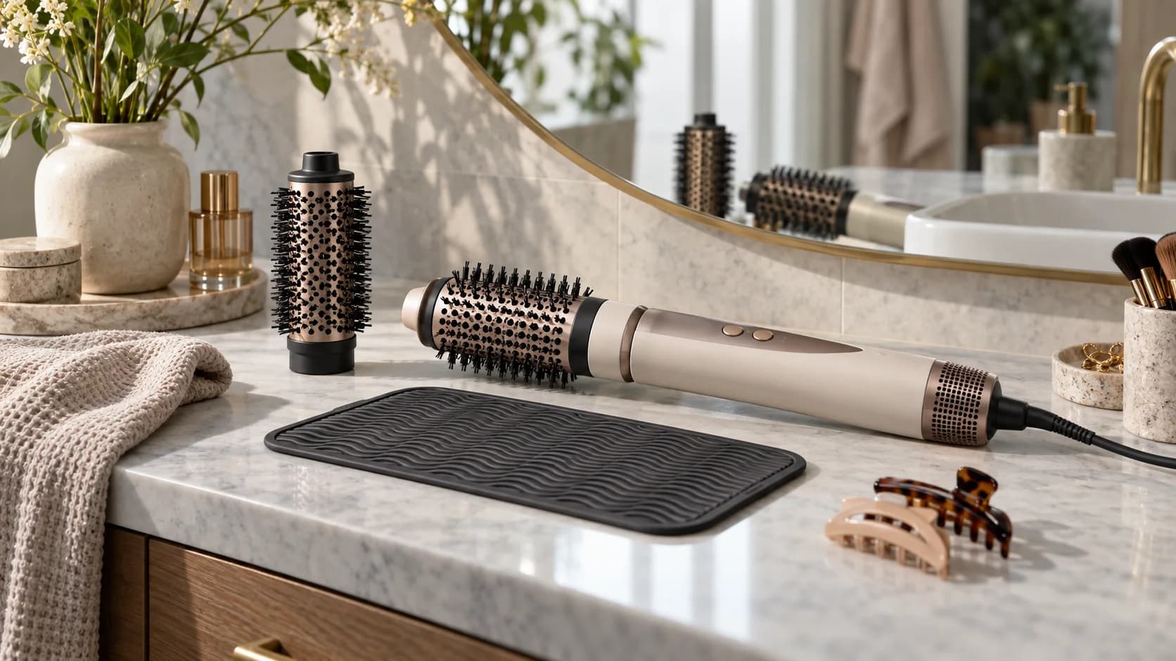 Realistic bathroom vanity with a hot air styling brush, brush attachment, clips, mirror, and heat mat