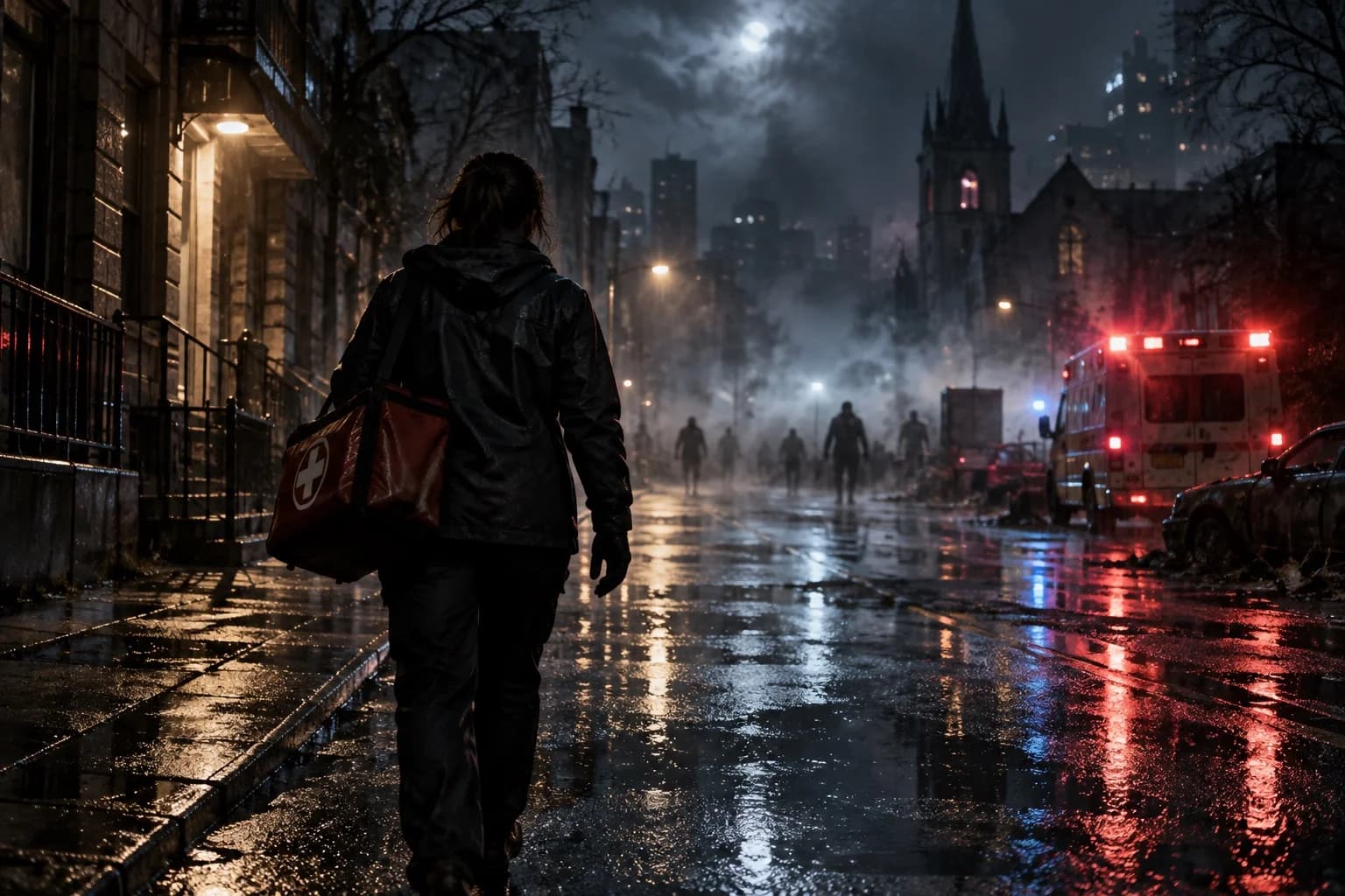 AI-generated cinematic scene of a generic medical courier walking through a rain-soaked city during an emergency.