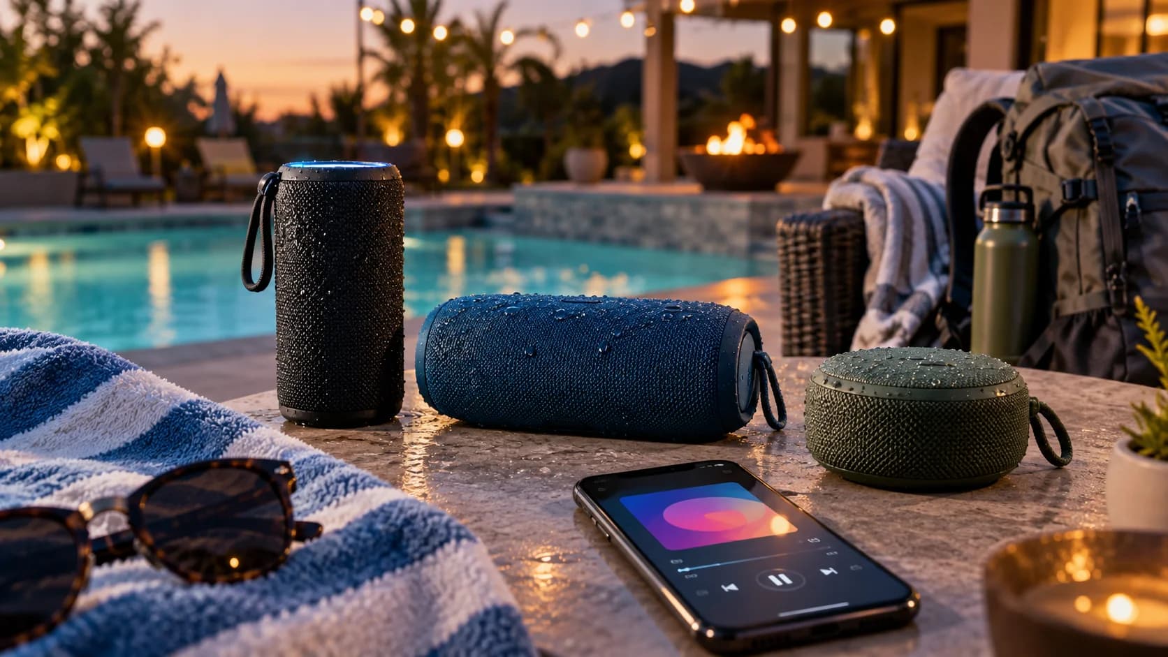 Realistic patio table with waterproof portable Bluetooth speakers, phone playlist screen, towel, and backpack
