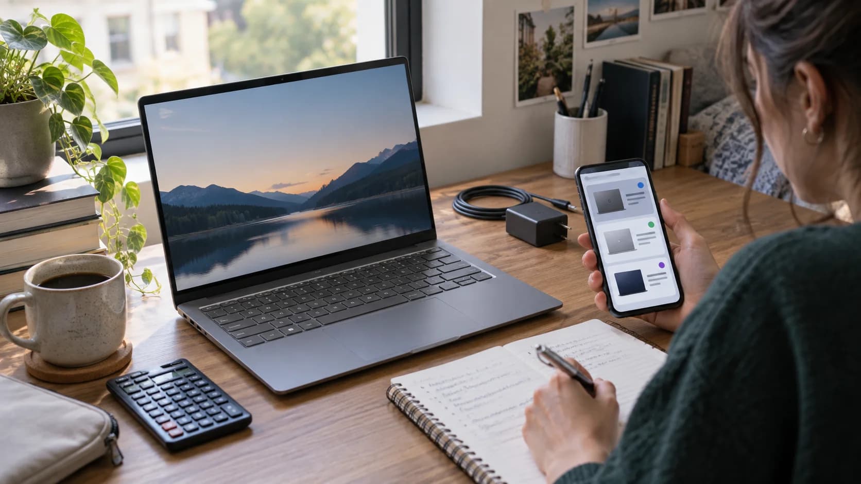Realistic student desk with affordable laptop, charger, notebook, calculator, coffee, and phone comparison screen