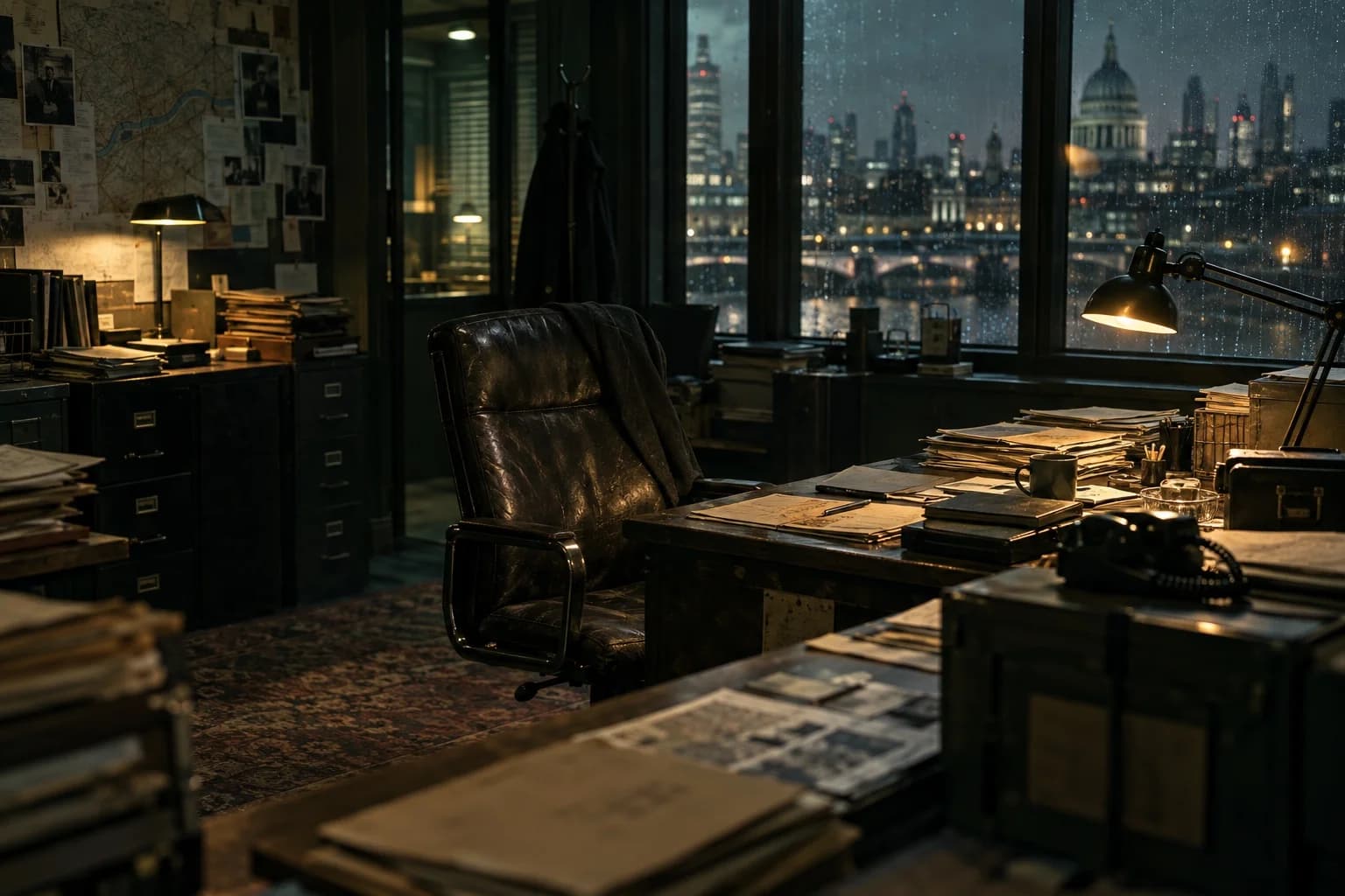 AI-generated after-hours London intelligence office with worn furniture, paper files and rain on the windows.