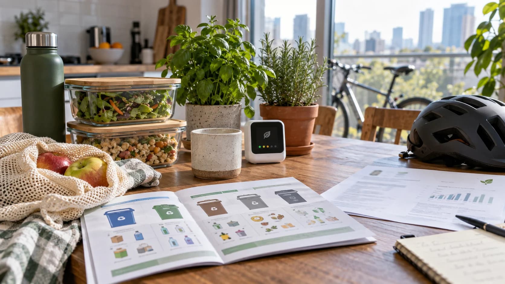 Realistic kitchen table with reusable containers, recycling guide, air quality sensor, herbs, bike helmet, and environmental notes