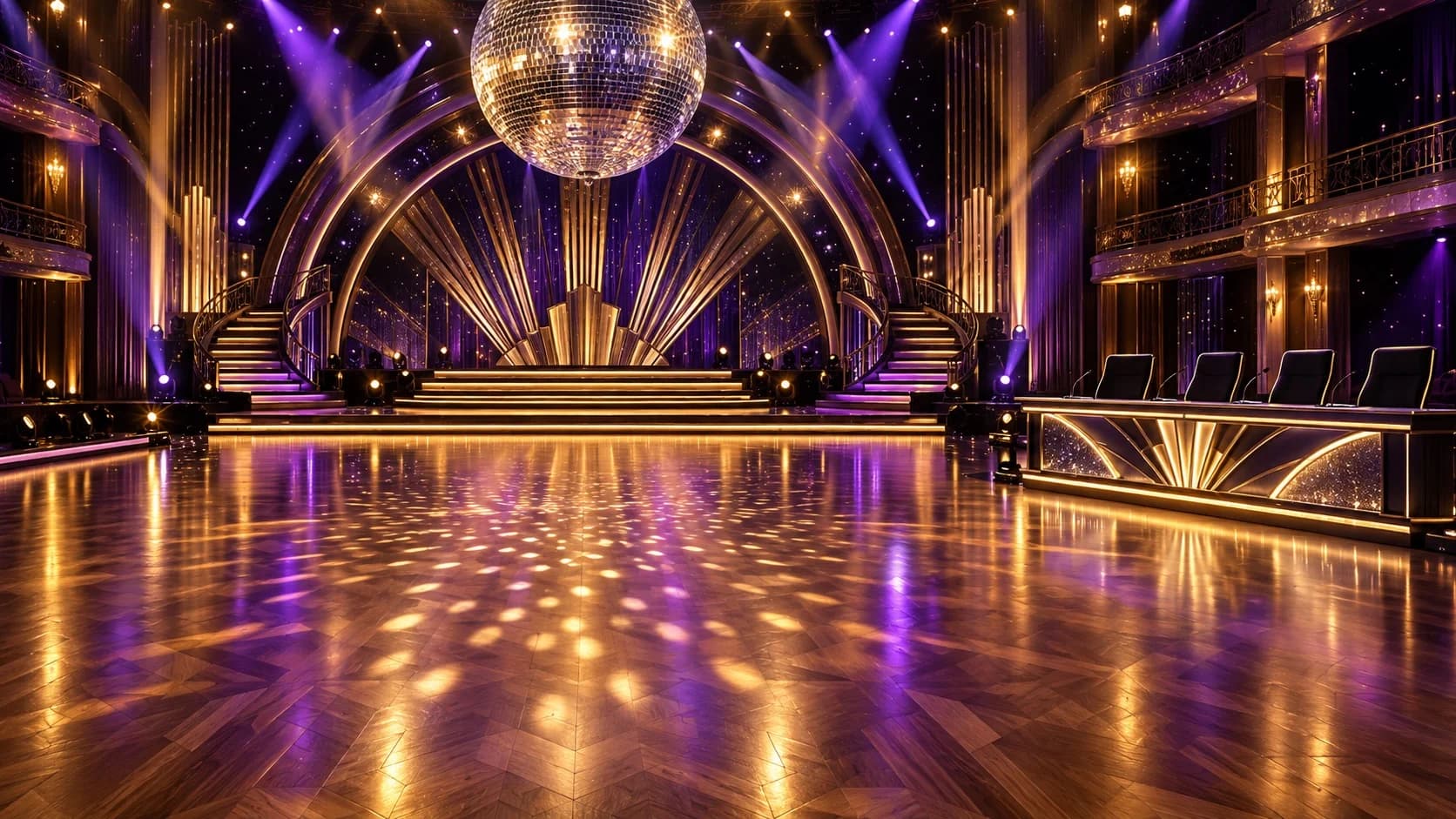 AI-generated empty ballroom television stage with a mirror ball, gold and purple lighting and judges’ chairs.