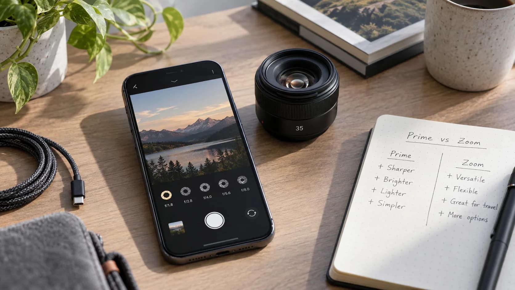 Realistic desk with unbranded smartphone camera interface, camera lens, notebook, charging cable, and daylight