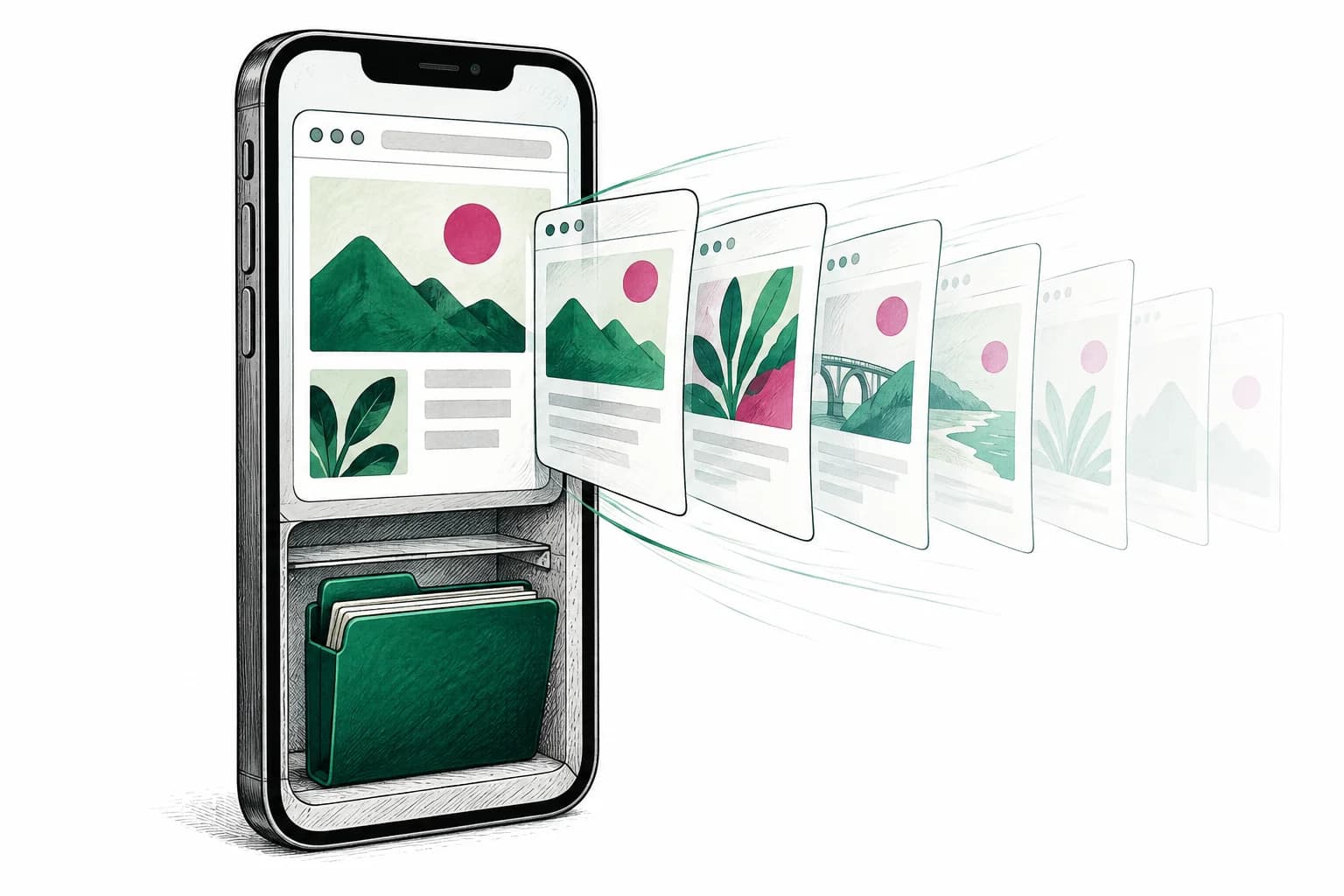 AI-generated ink-and-watercolor phone illustration with temporary webpage layers fading outward and a solid document folder retained inside.