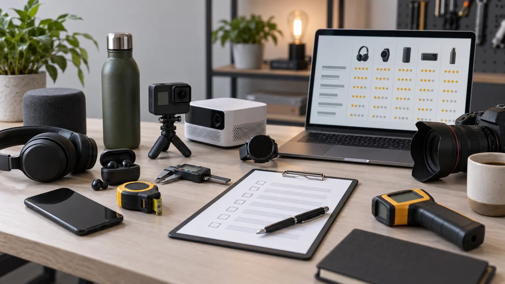 Realistic product testing desk with anonymous gadgets, measuring tools, clipboard checklist, laptop rating matrix, and camera