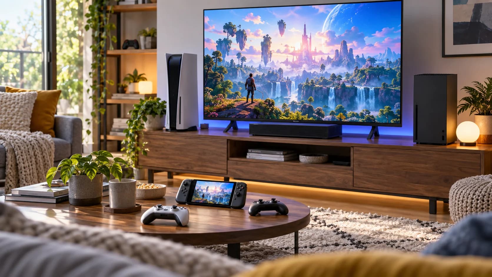 Realistic living room gaming setup with anonymous consoles, controllers, handheld device, and a TV showing an abstract game scene