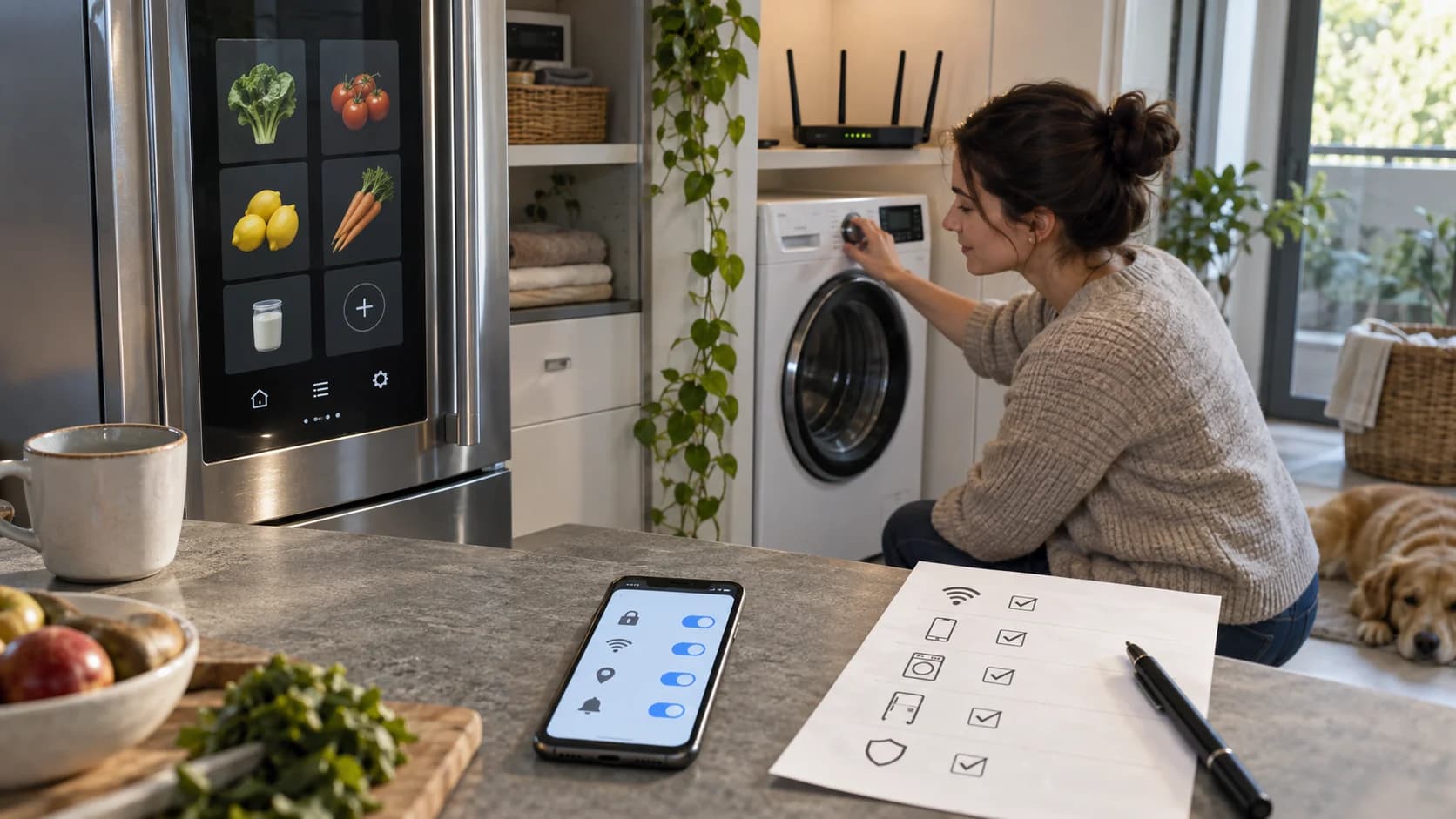 Realistic kitchen and laundry smart home setup with phone privacy toggles, router, appliance screens, and checklist sheet