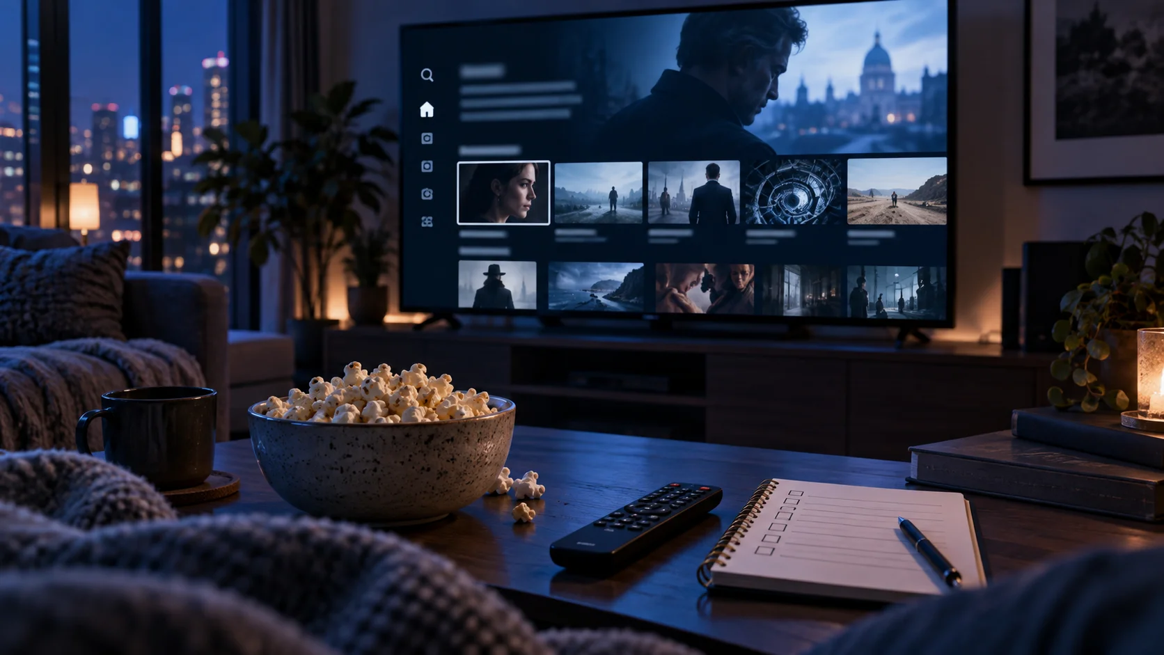Realistic living room at night with TV showing abstract prestige drama streaming tiles, remote, popcorn, and watchlist notebook