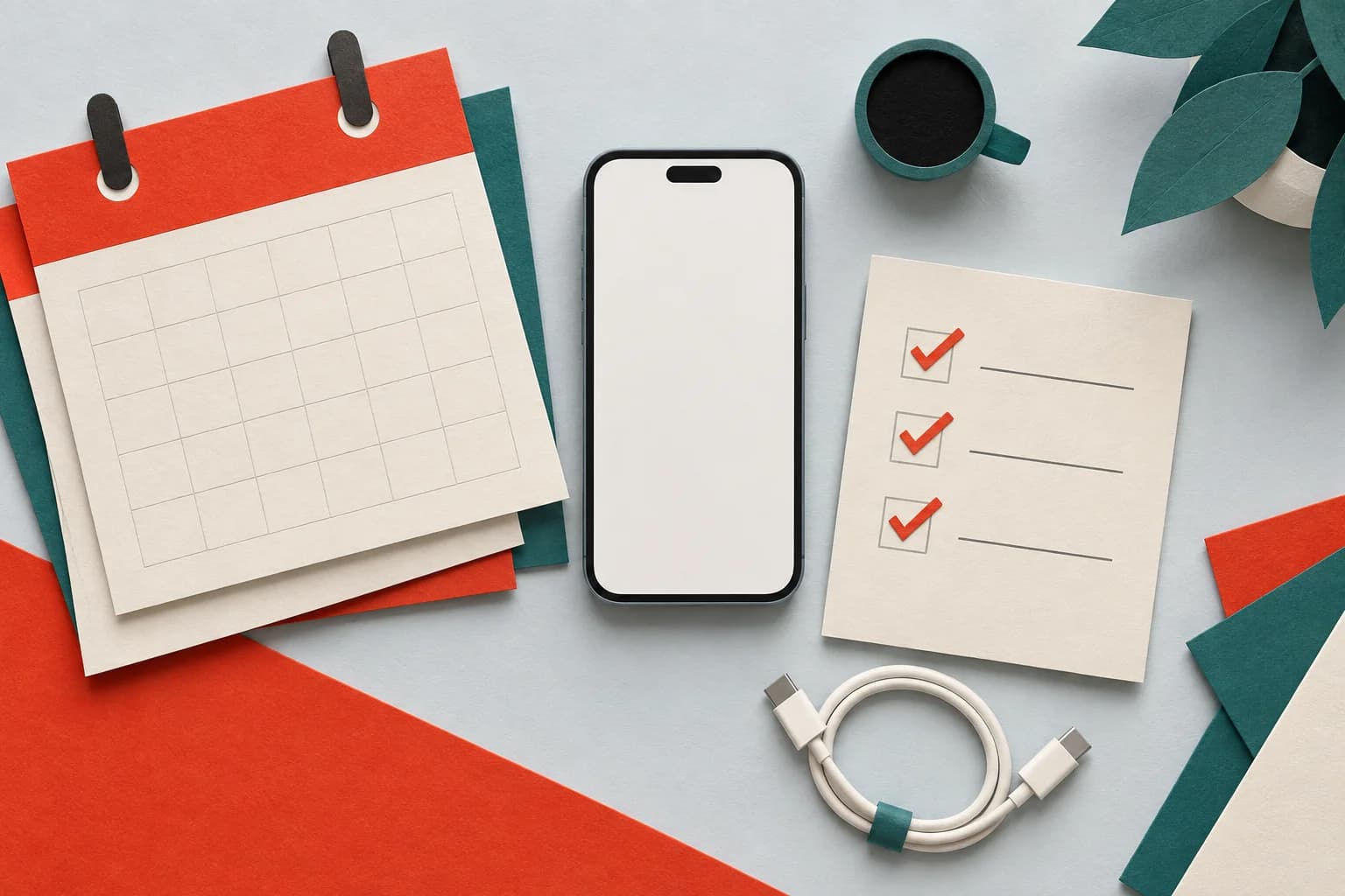 Paper-cut illustration of a generic phone beside a calendar, checked list and USB-C cable, representing preorder preparation.