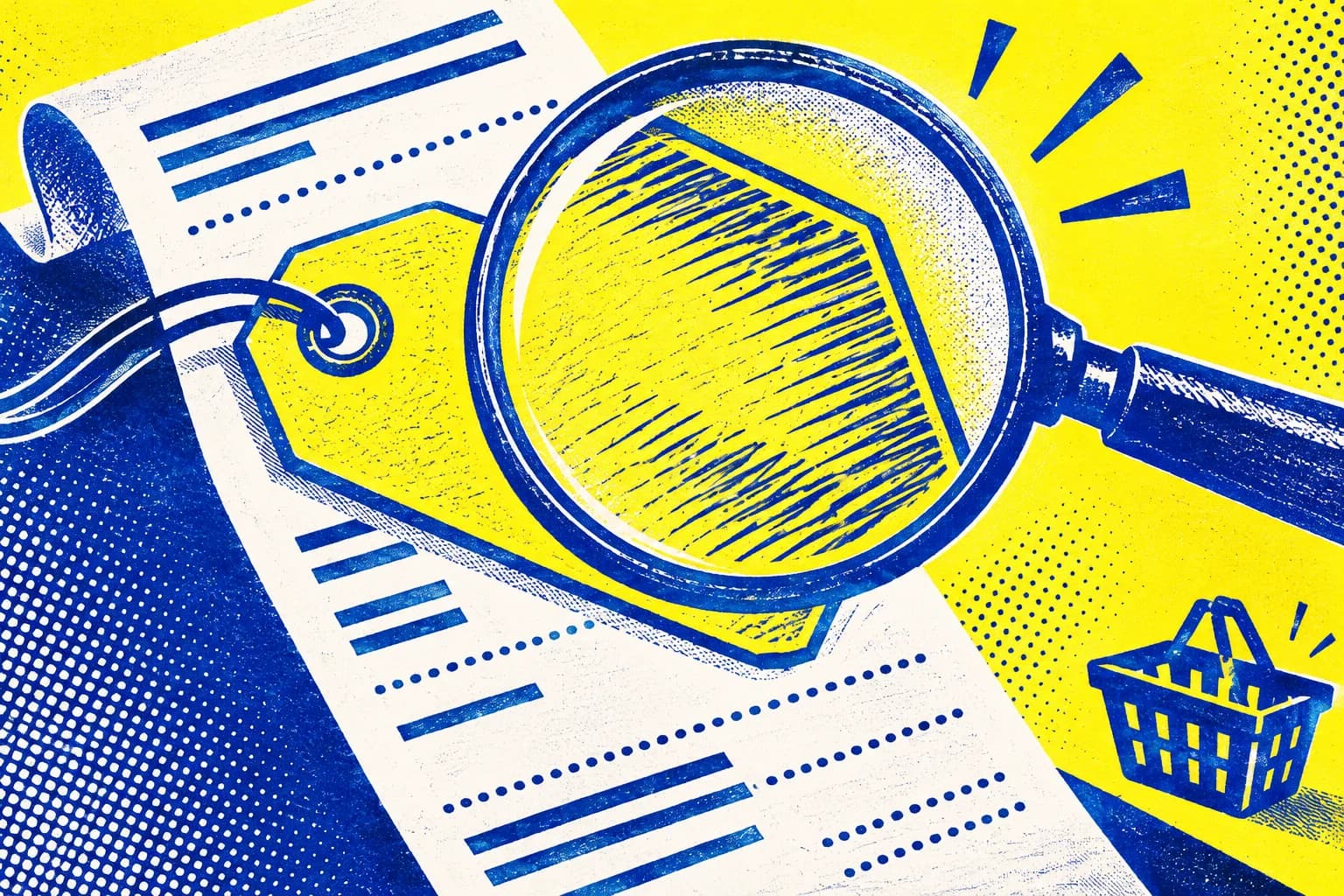AI-generated cobalt-blue and yellow screenprint-style artwork of a magnifying glass inspecting a blank price tag over a receipt.