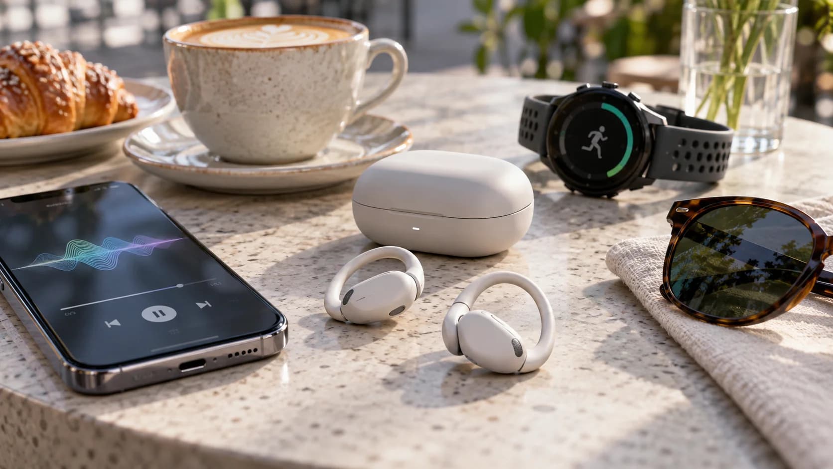 Realistic cafe table with open-ear wireless earbuds, charging case, phone audio waveform, watch, and sunglasses