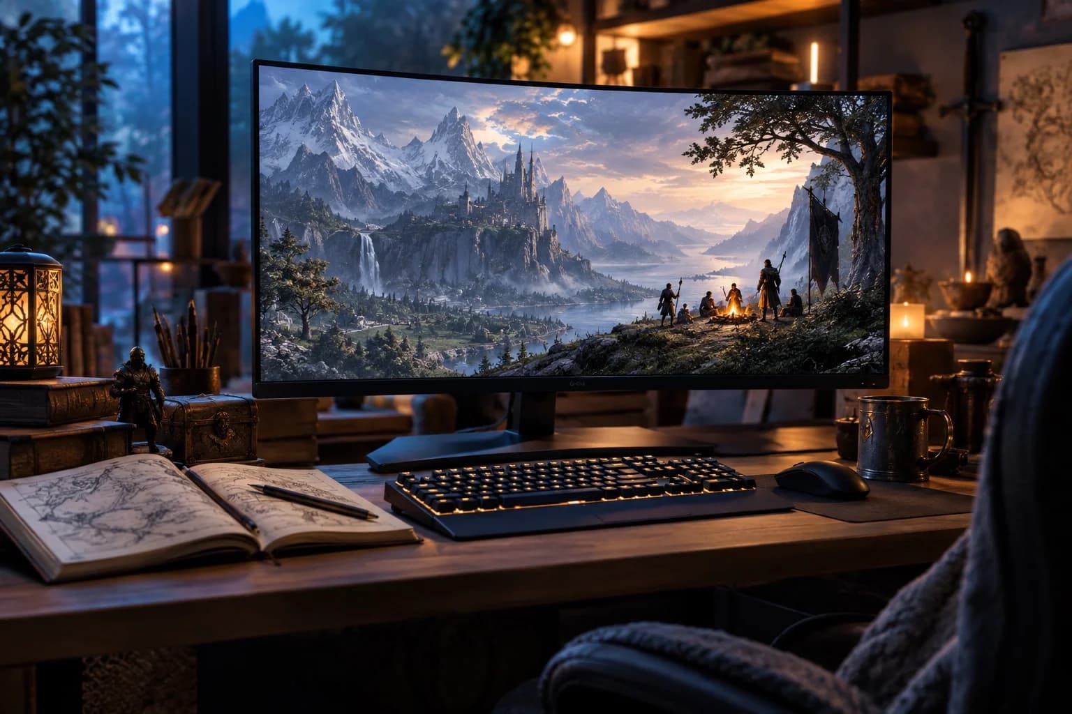 AI-generated gaming desk showing a generic fantasy landscape and adventurers gathered around a campfire.