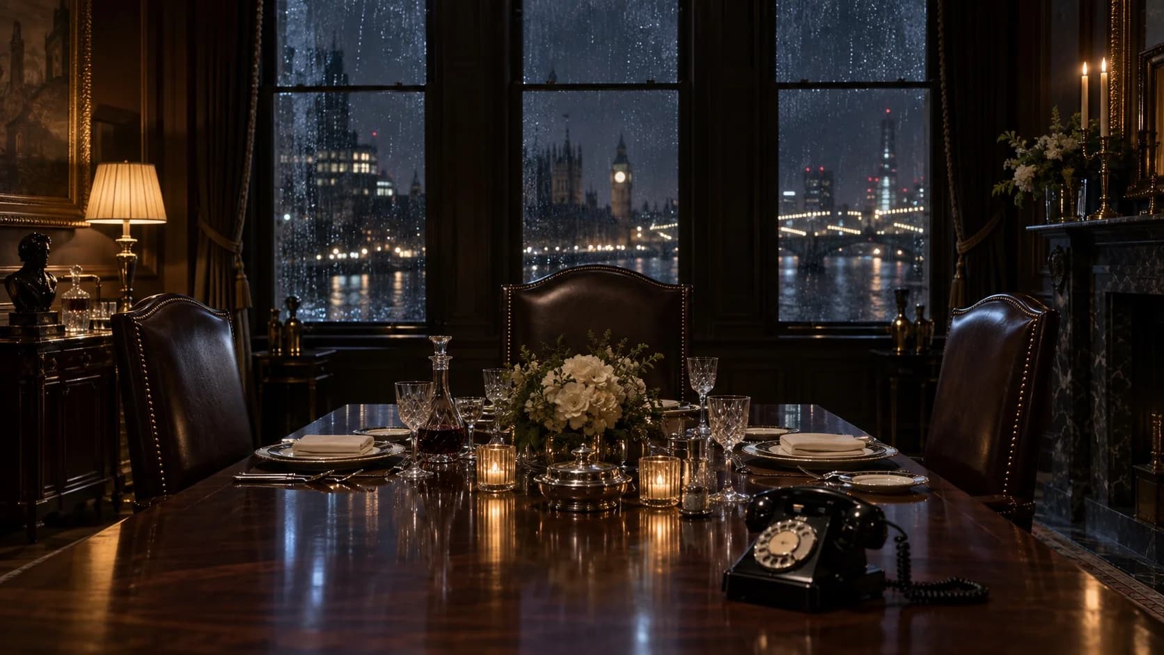 AI-generated elegant London dining room at night with three empty chairs and a rotary telephone.