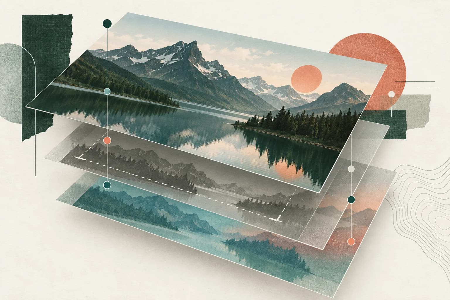 A conceptual mountain photograph floats above translucent editing-history layers connected by small nodes.