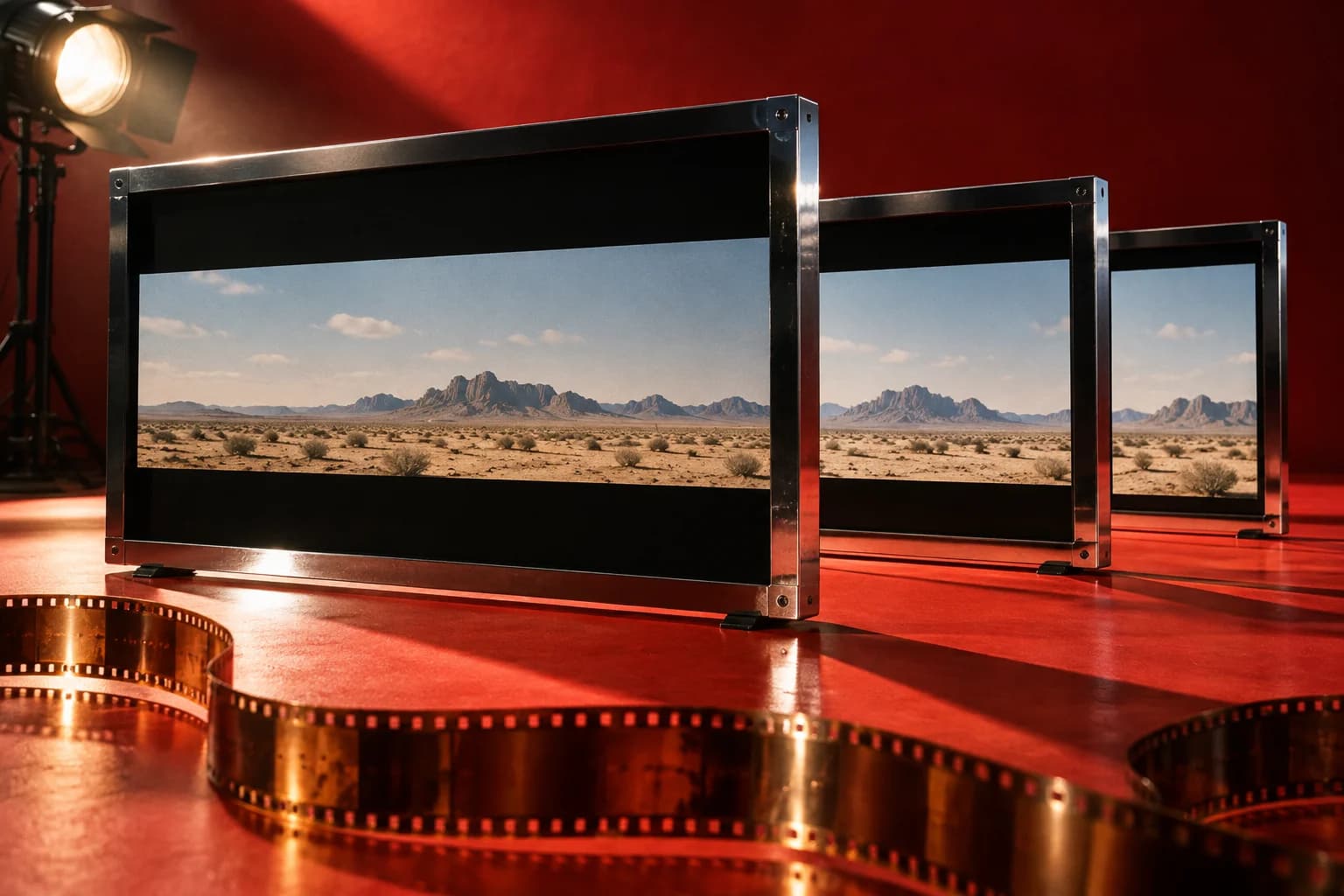 AI-generated cinematic still life of chrome-edged screens showing a desert with black bars, on a red stage beside a curved filmstrip.