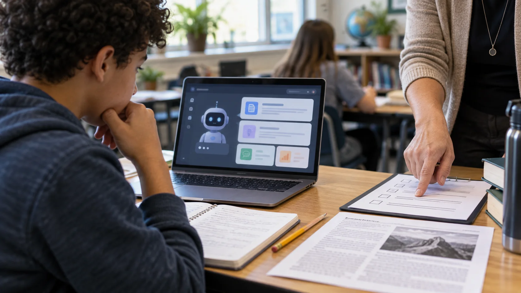Realistic classroom desk with laptop AI tutoring interface, notebook, pencil, reading handout, and teacher checklist
