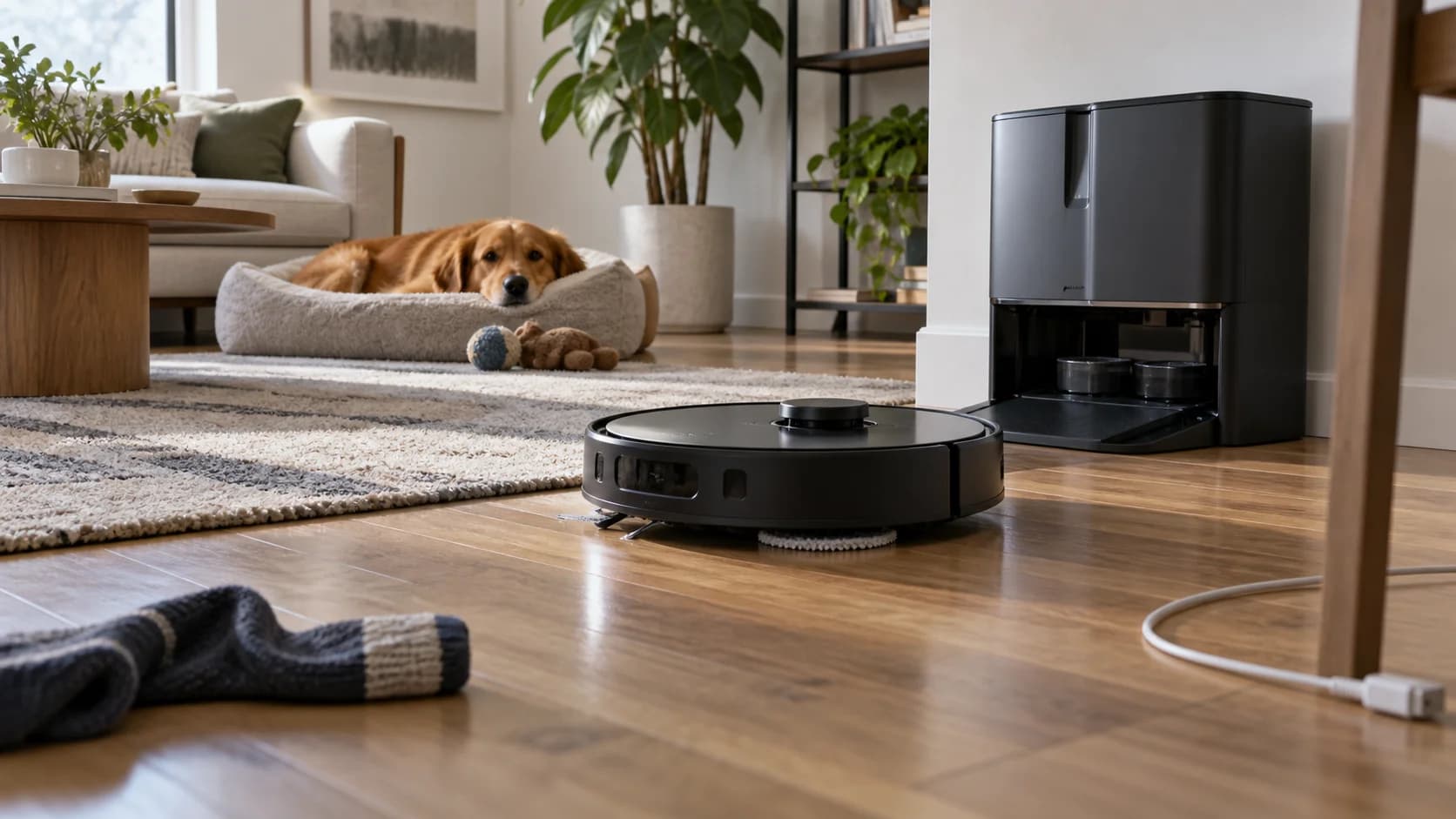 Realistic robot vacuum and auto-wash dock in a living room with pet bed, rug, cable, and sock