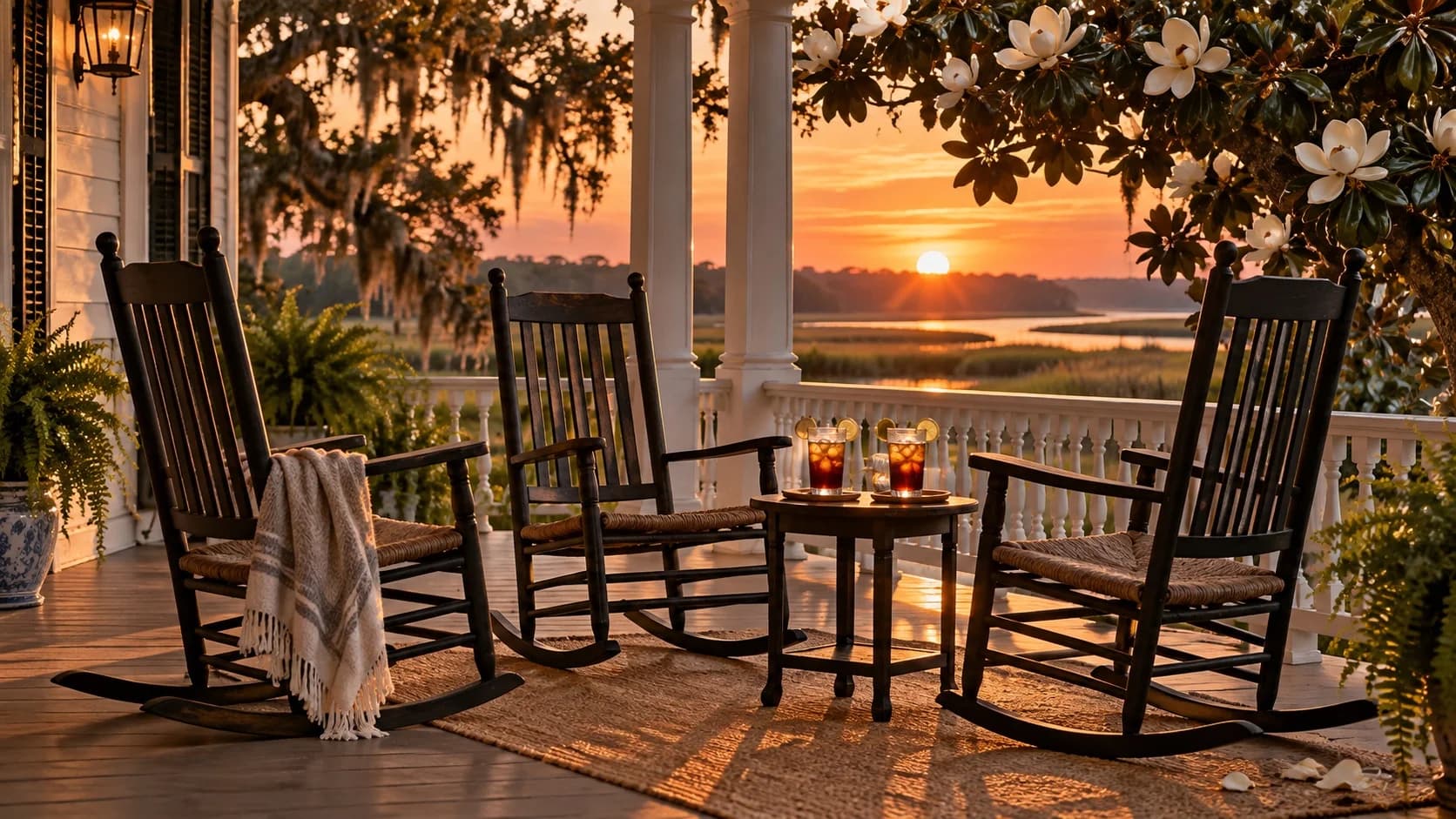 AI-generated Southern porch at sunset with three empty rocking chairs beside a flowering magnolia tree.