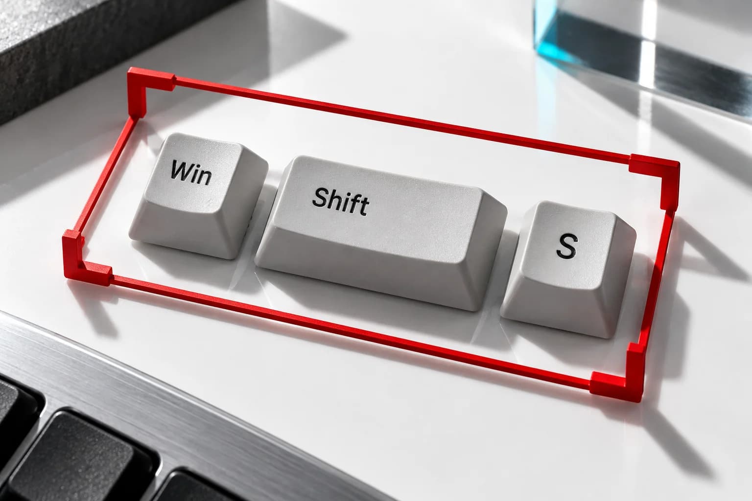 AI-generated studio-style image of Win, Shift and S keycaps inside a red rectangular screenshot frame.