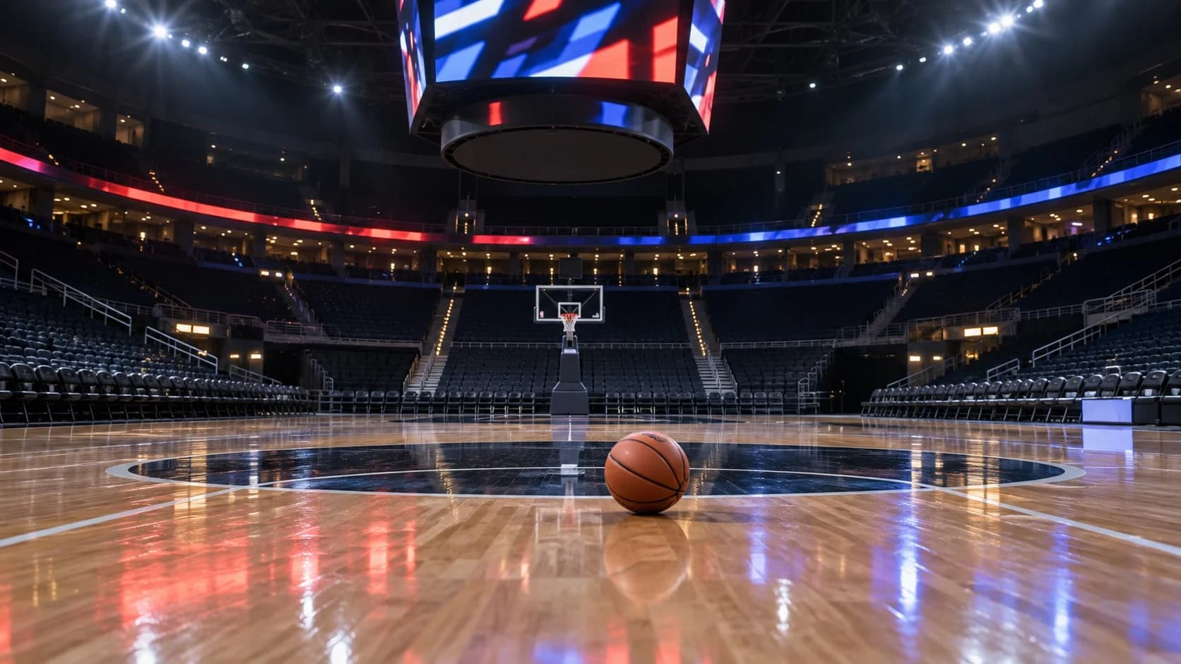 AI-generated empty professional basketball arena with a ball at centre court and red and blue lighting.