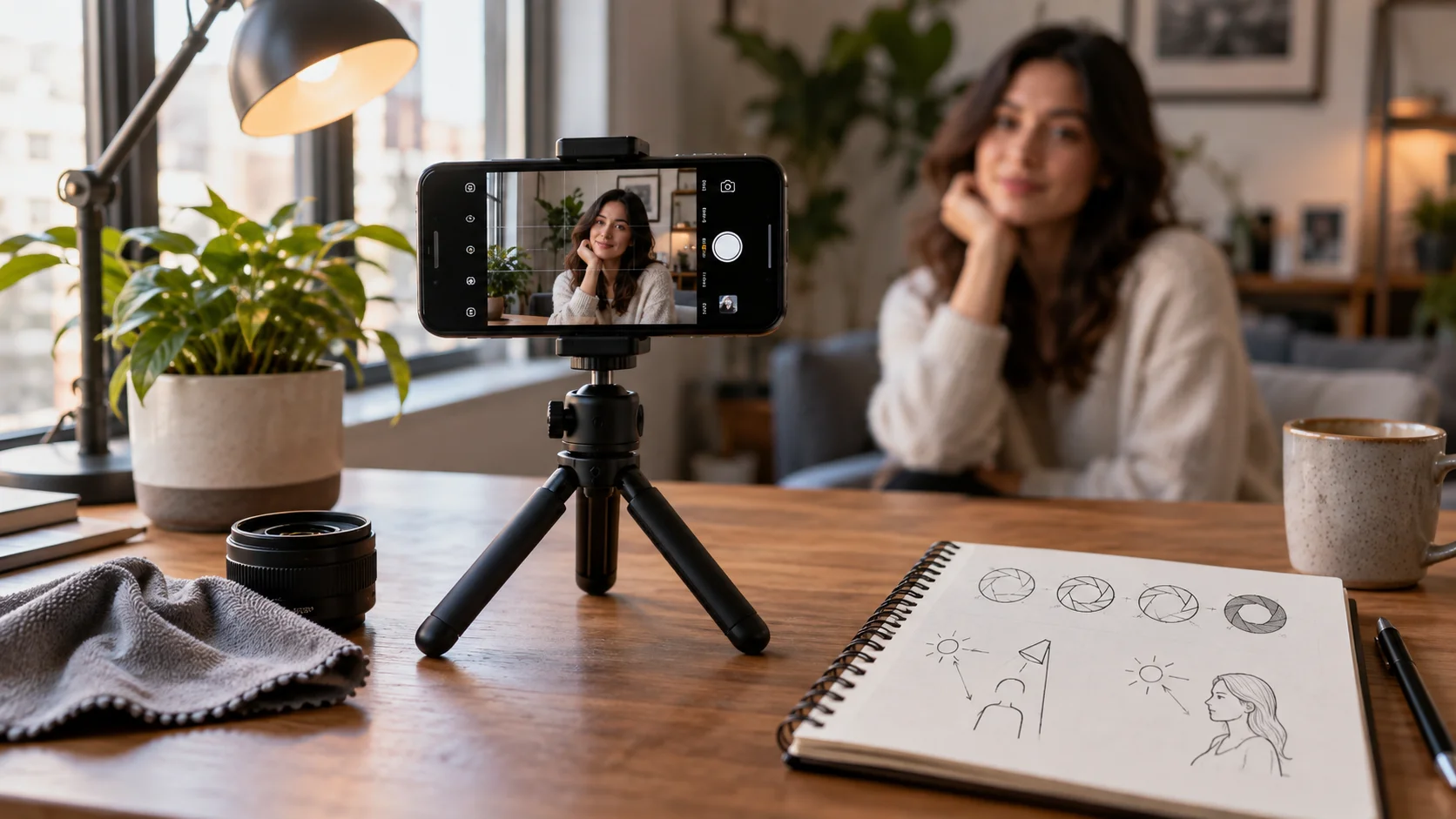 Realistic smartphone camera setup with tripod, lamp, plant, lens cloth, aperture sketches, and generic camera controls