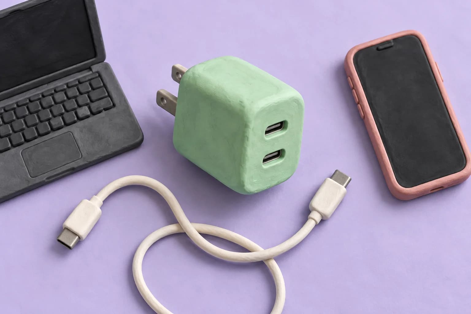 AI-generated clay-model scene with a mint-green USB-C charger, white cable, charcoal laptop and pink phone on a lavender surface.