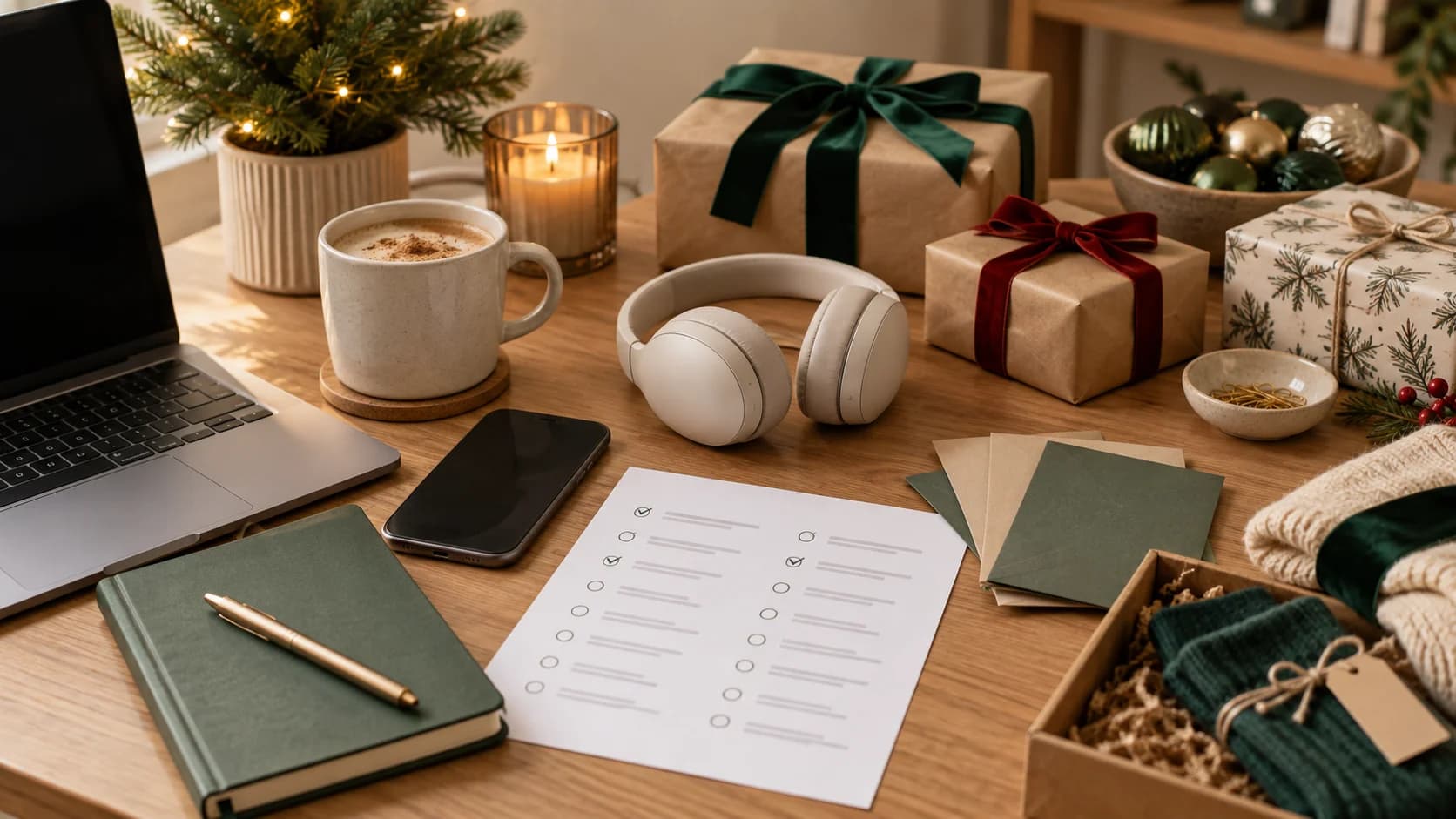 Realistic gift guide desk with wrapped presents, anonymous headphones, notebook checklist, budget envelopes, laptop, and warm lighting
