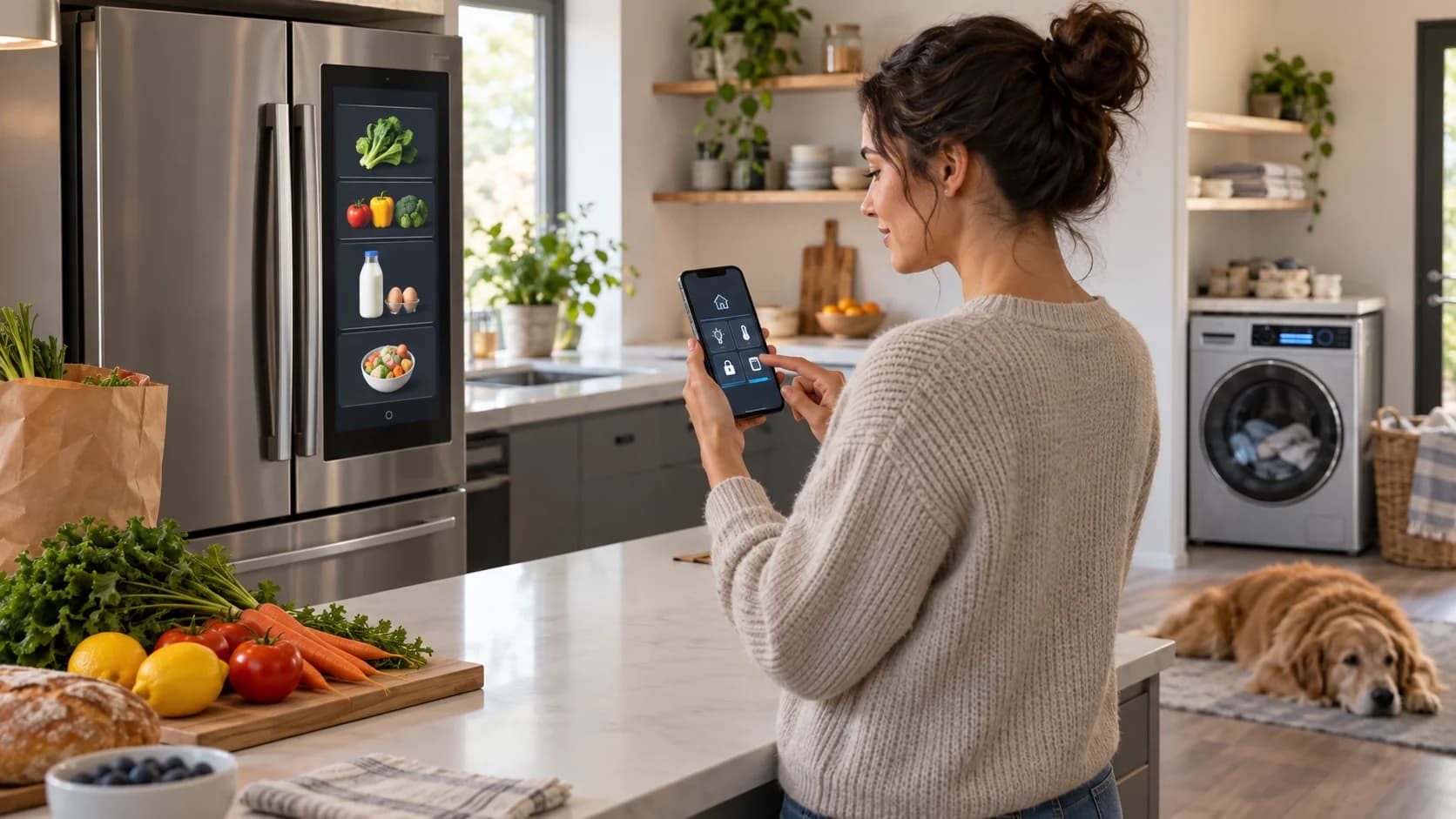 Realistic kitchen and laundry room with smart refrigerator screen, washer display, groceries, and phone home controls