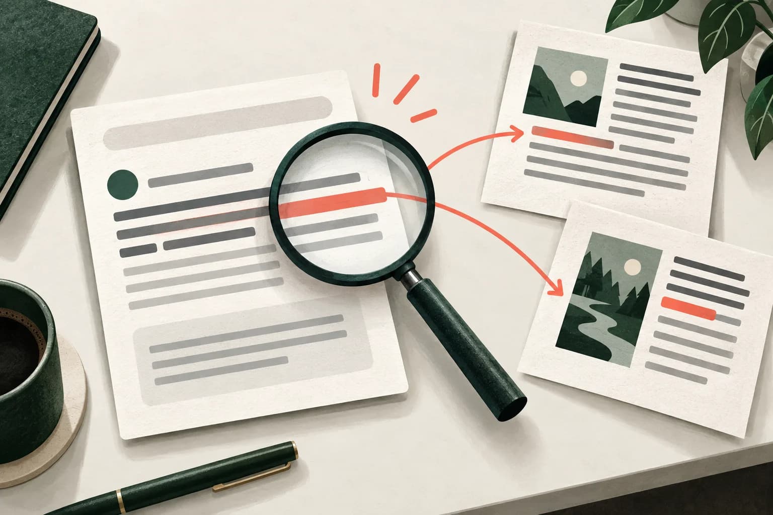 A magnifying glass highlights a passage connected to two source documents in a paper-textured editorial illustration.