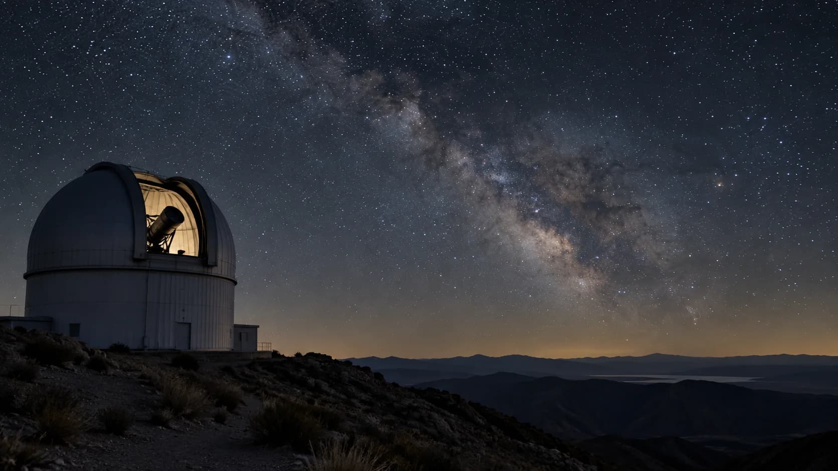 AI-generated illustration of a generic mountain observatory beneath a star-filled night sky.