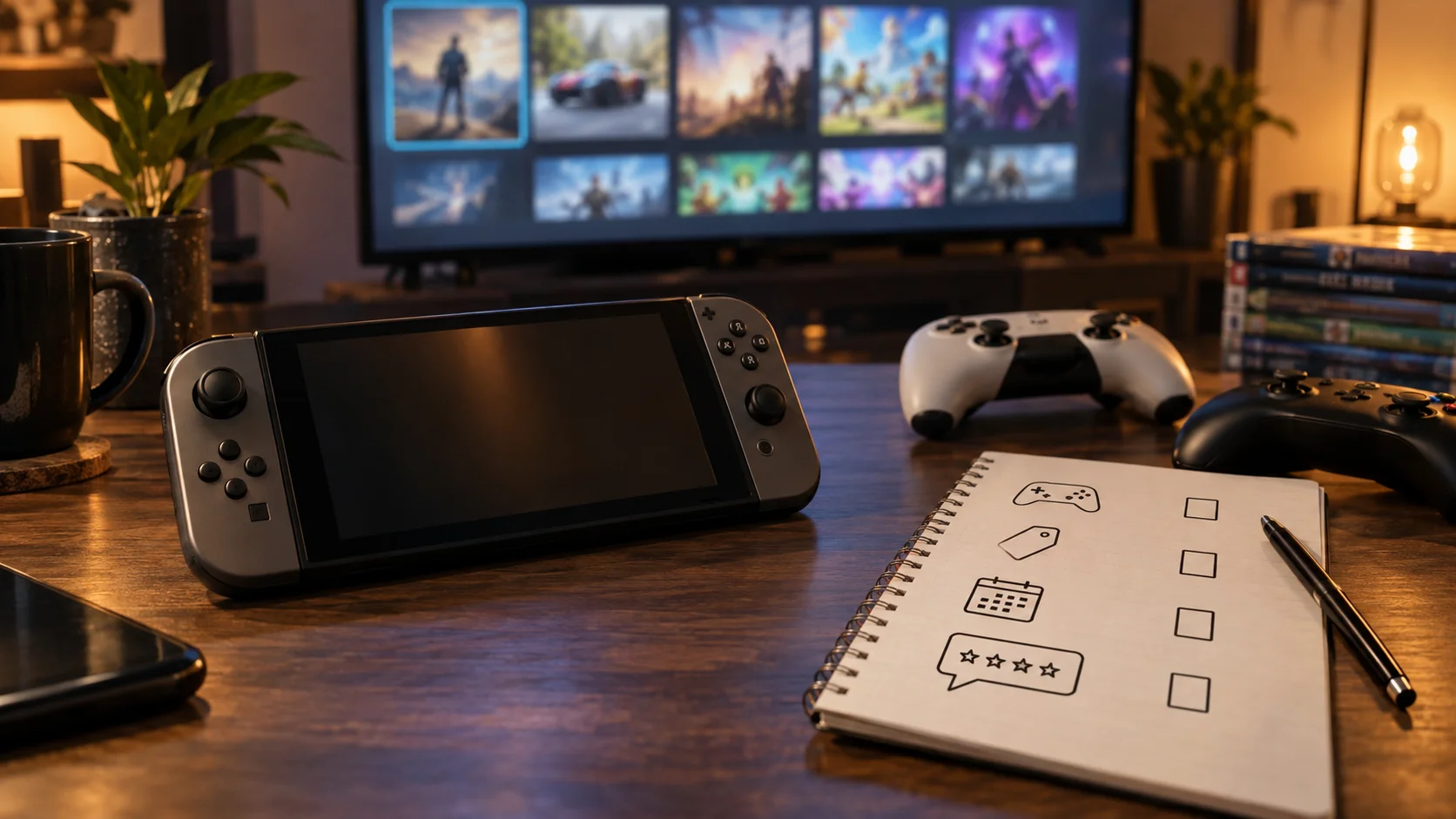 Realistic gaming desk with handheld console, blurred showcase thumbnails, controllers, and checklist notebook