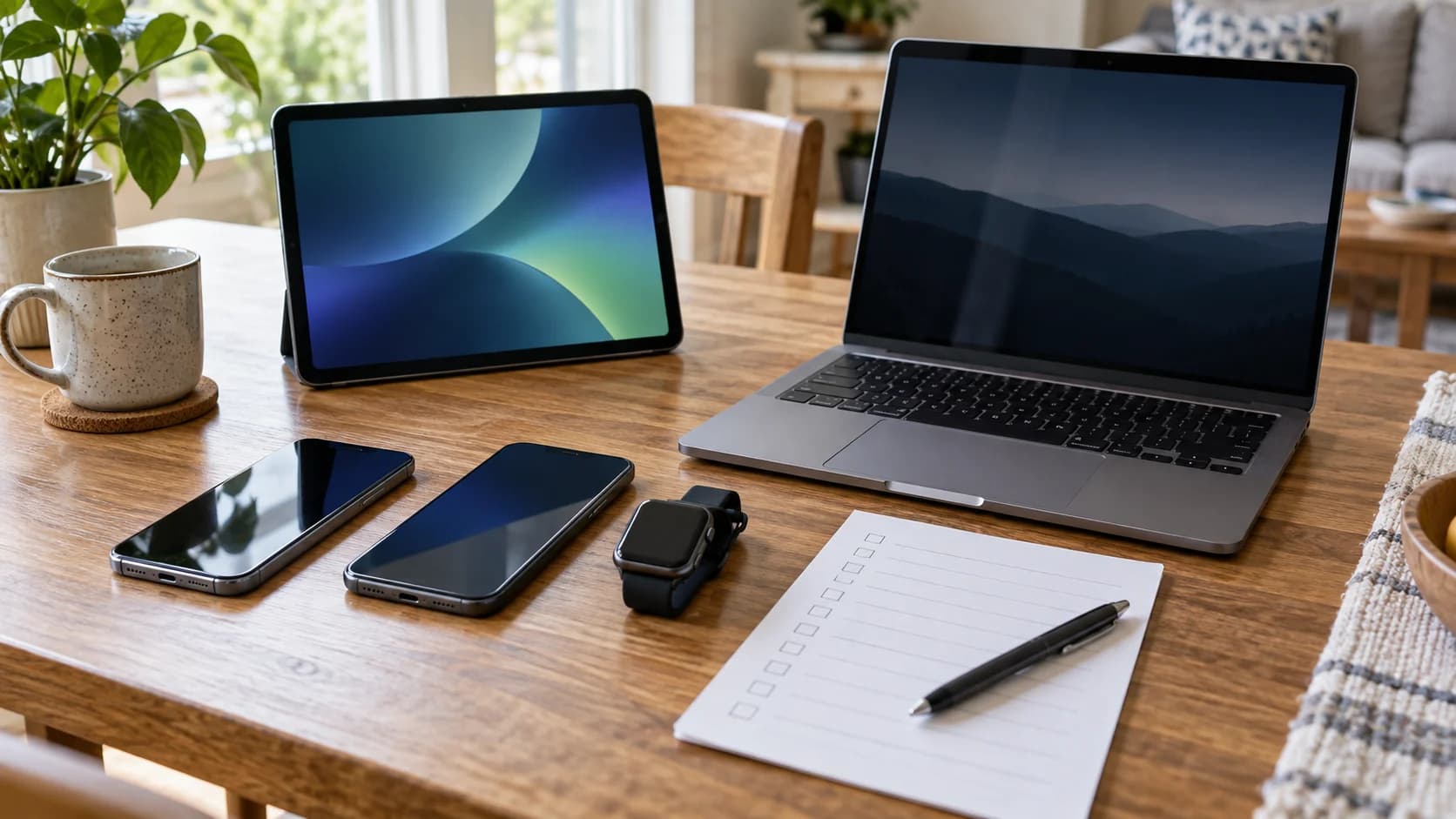 AI-generated illustration of several unbranded family devices arranged beside a checklist.