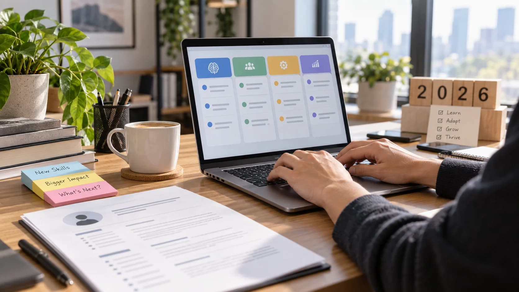 Realistic office desk with laptop workflow board, resume paper, sticky notes, coffee, and hands typing for an AI careers article