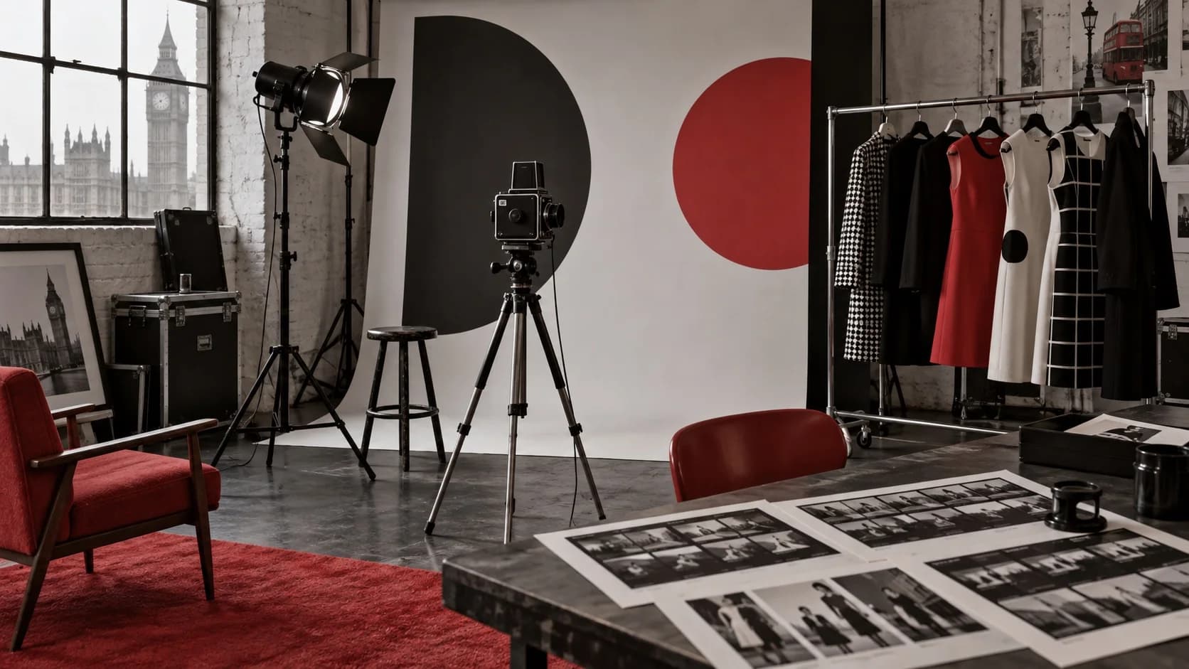 AI-generated 1960s-inspired London fashion photography studio with a vintage camera and geometric clothing.