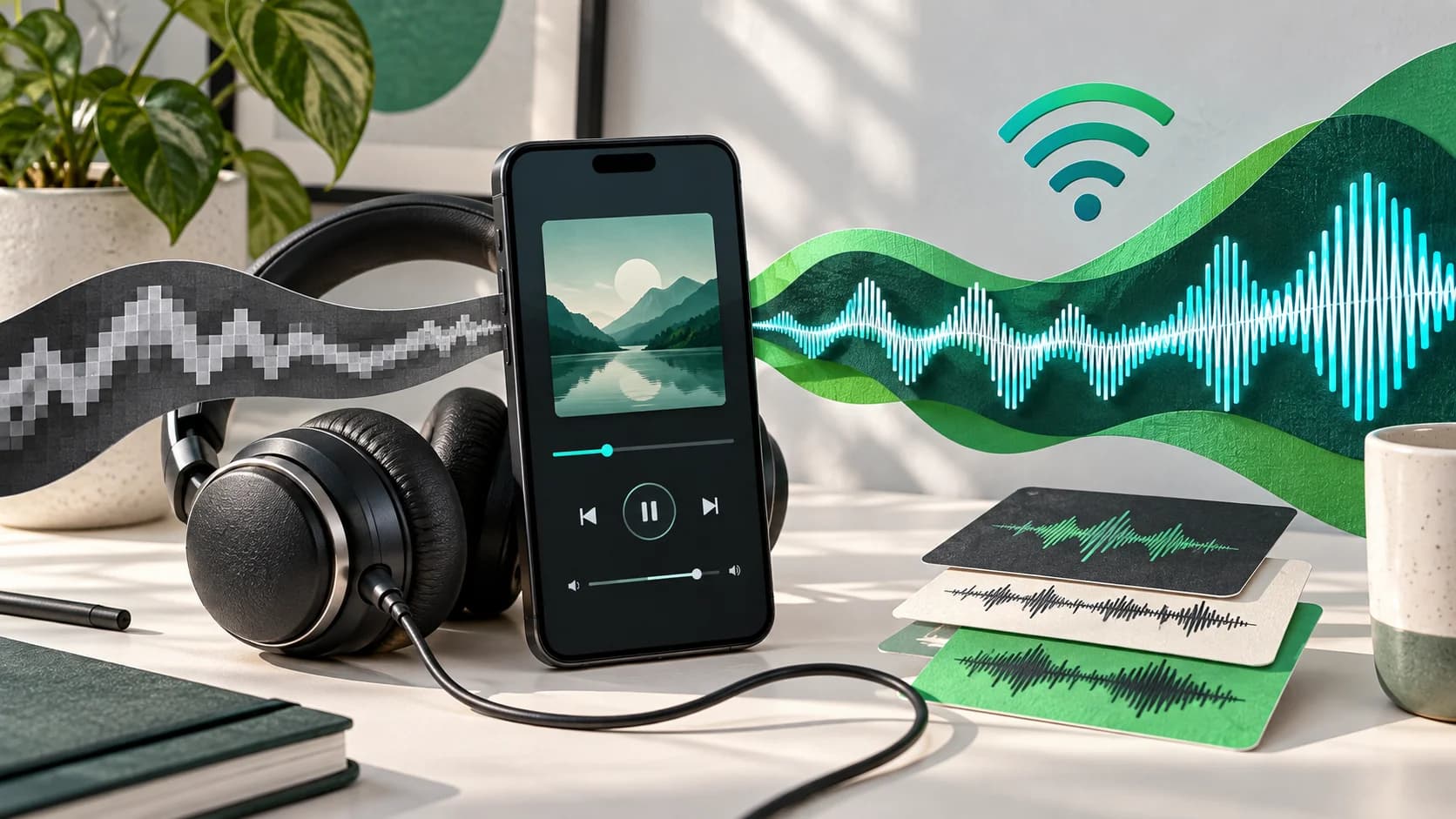 Editorial illustration of a phone music player, wired headphones, Wi-Fi audio waves and waveform cards representing lossless streaming.