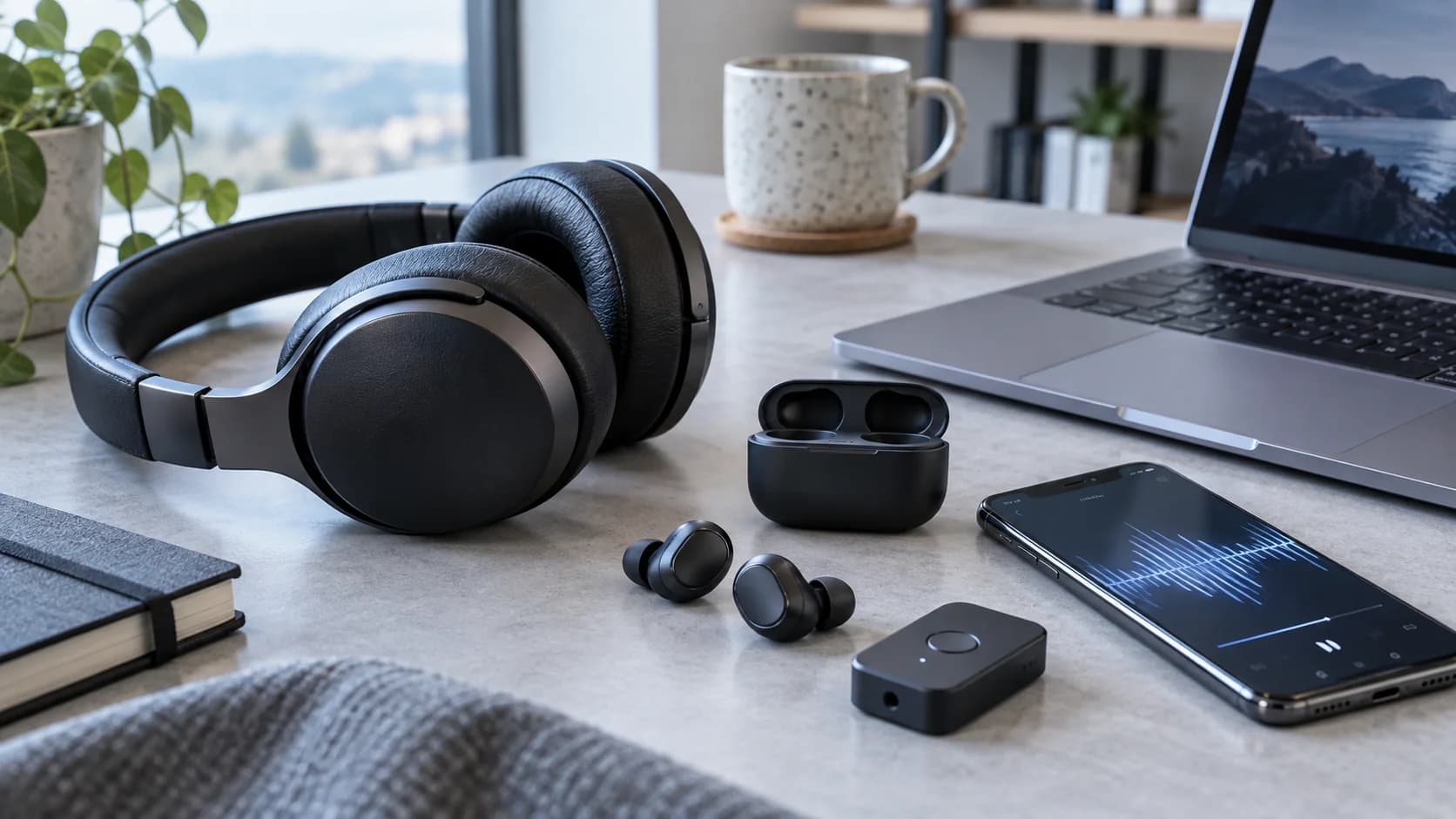 Realistic desk with over-ear headphones, wireless earbuds, Bluetooth adapter, phone waveform, and laptop