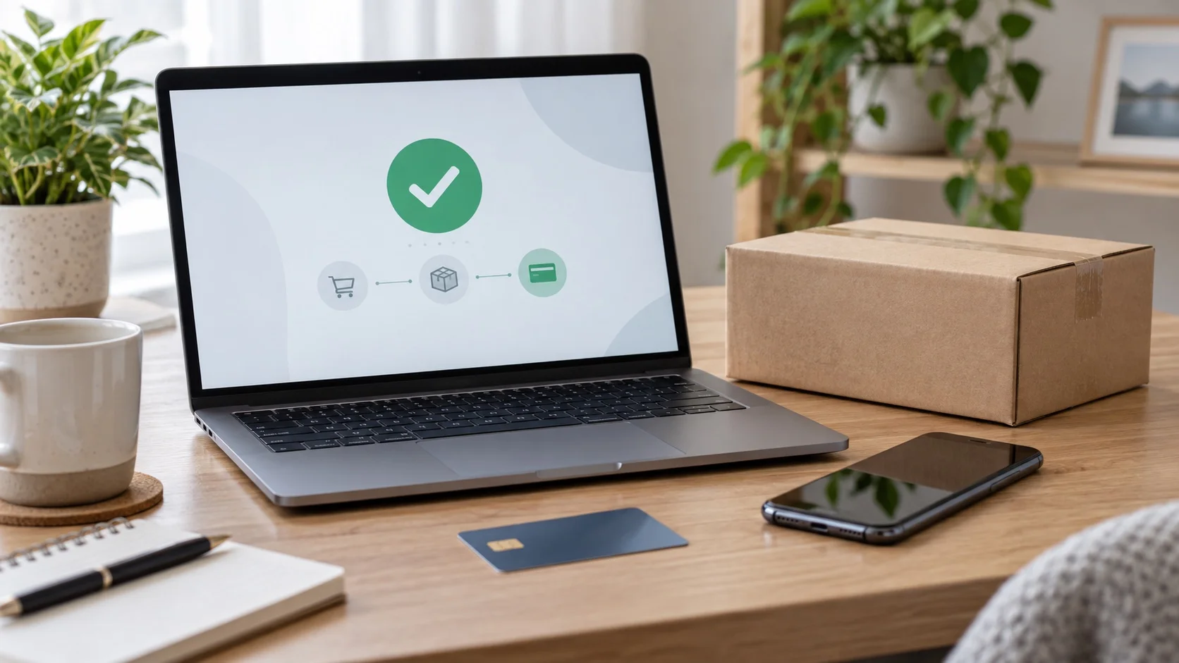 AI-generated home desk with a laptop showing an abstract payment confirmation, a parcel and a smartphone.