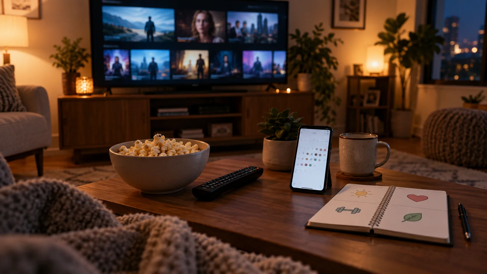Realistic living room with streaming thumbnail grid, remote, popcorn, phone calendar, and mood-category notebook