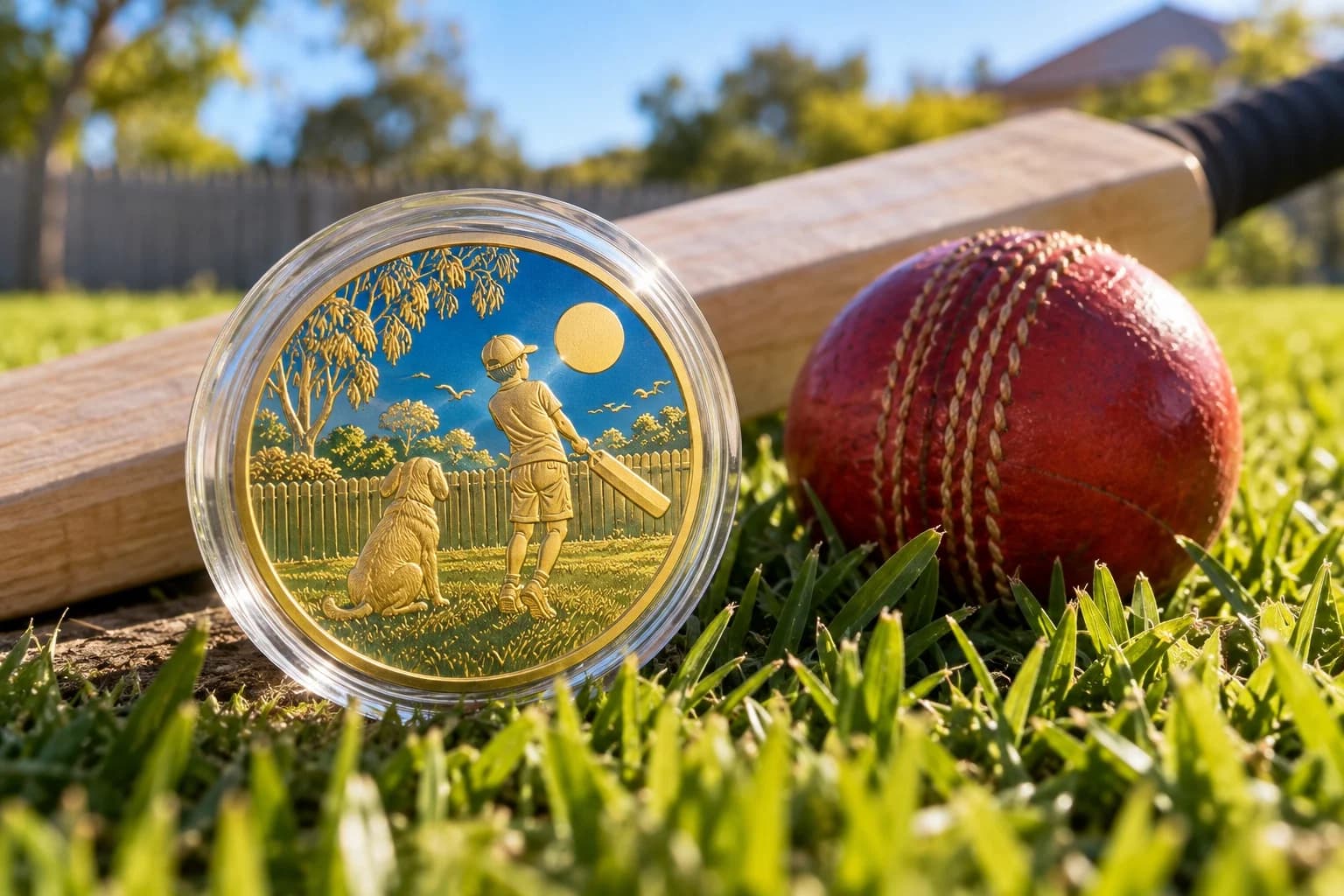 AI-generated generic commemorative cricket coin in a capsule beside a wooden bat and red ball on grass.