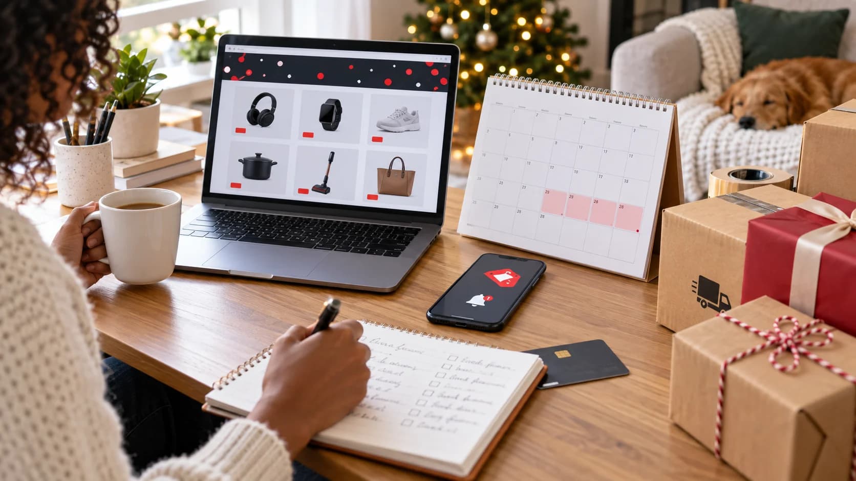 Realistic desk with laptop sale grid, late November calendar, gift list, phone alerts, packages, and holiday decor