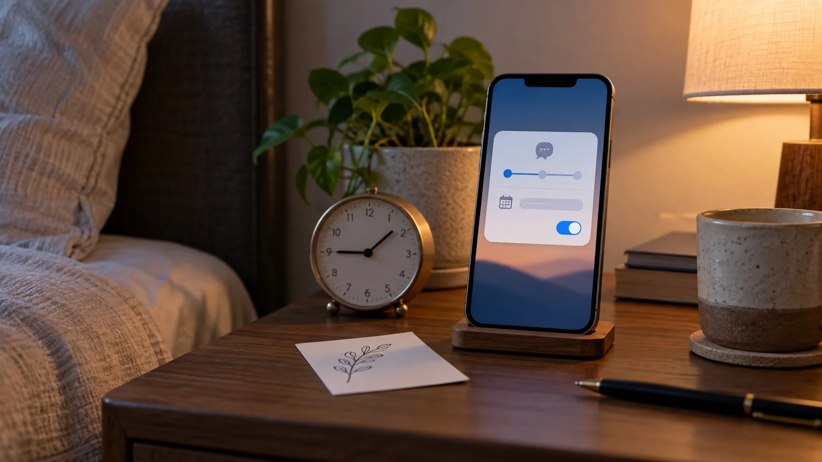 AI-generated smartphone beside a clock with an abstract scheduled-message interface.