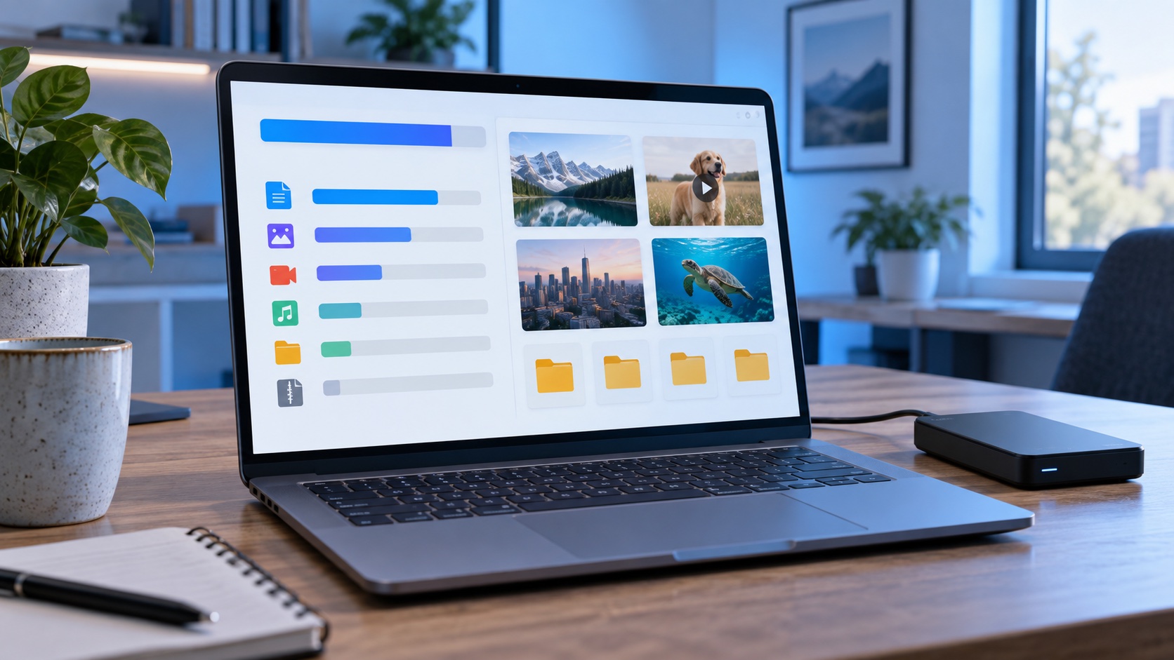 AI-generated laptop displaying a storage dashboard with large media files, folders and an external drive.