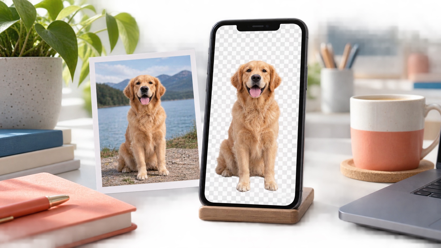 AI-generated smartphone displaying a dog cutout separated from the original photo background.