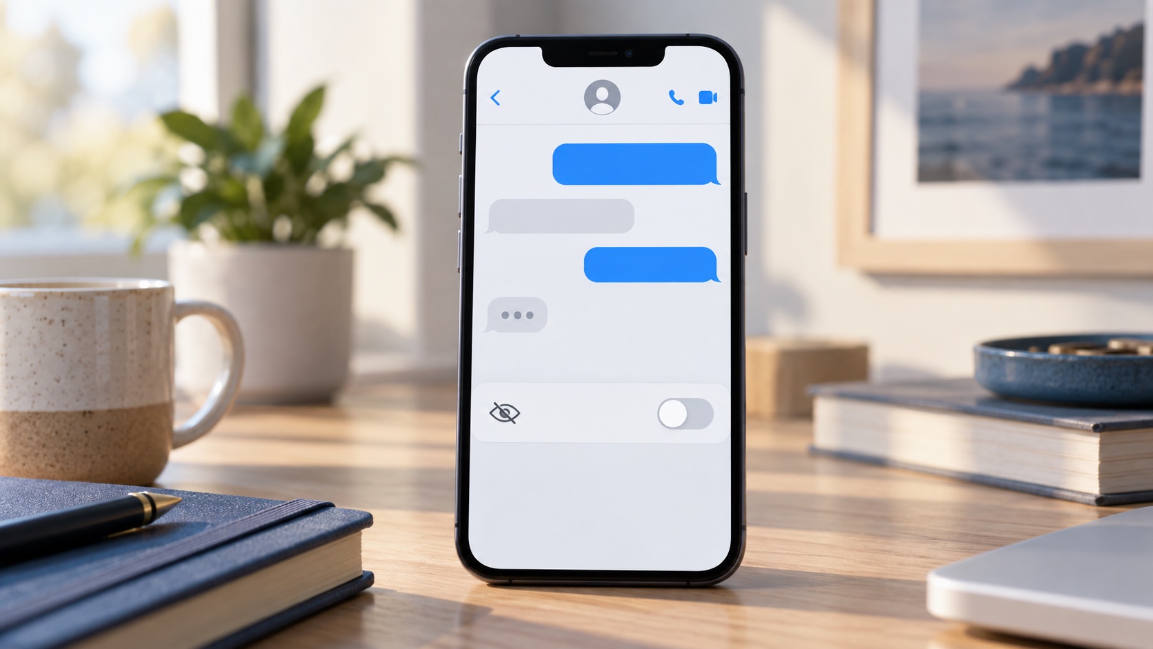 AI-generated smartphone showing a private message conversation and a disabled visibility toggle.